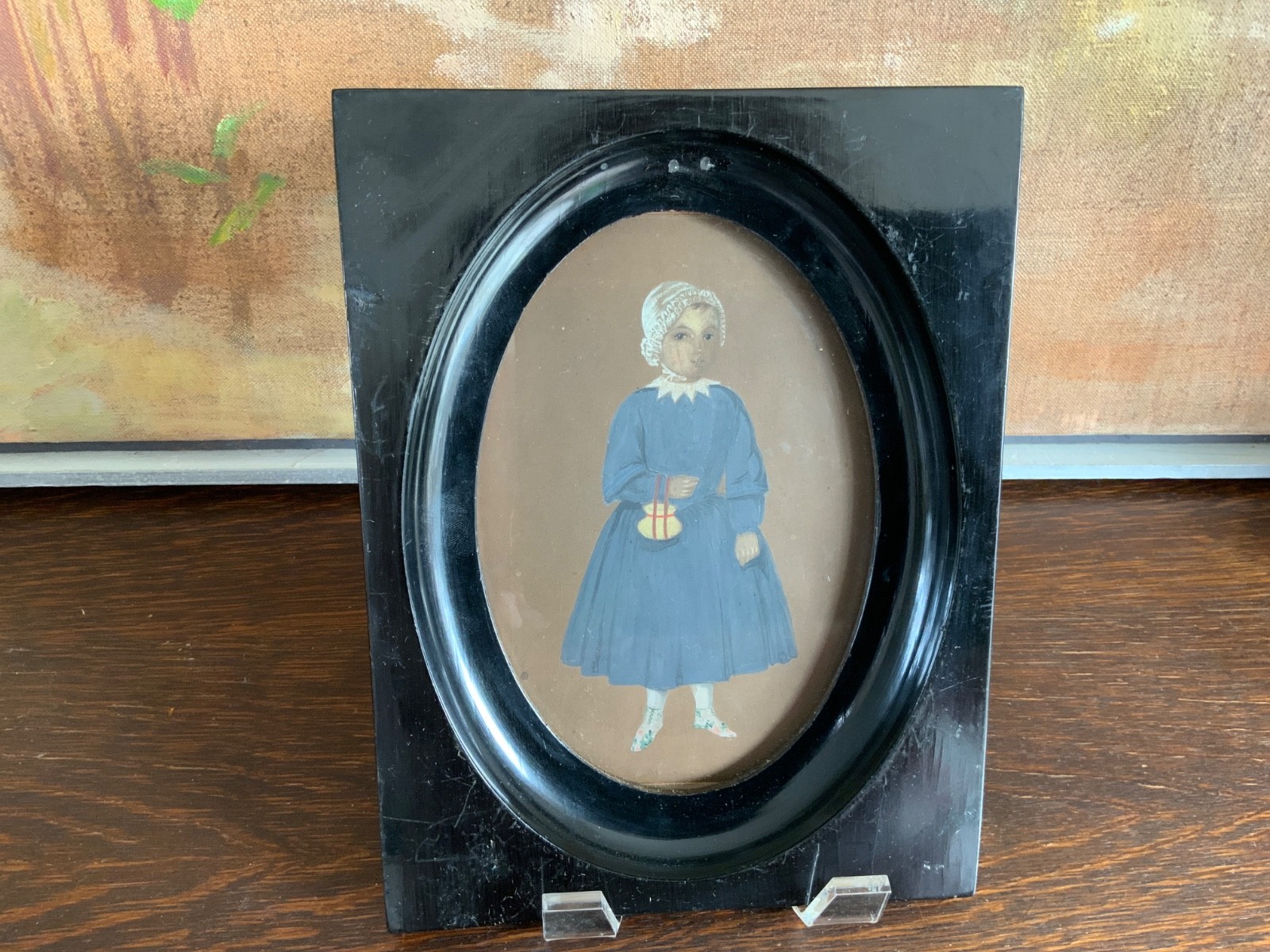 Antique French Hand Painted Framed Portrait Watercolor Drawing 19th Century