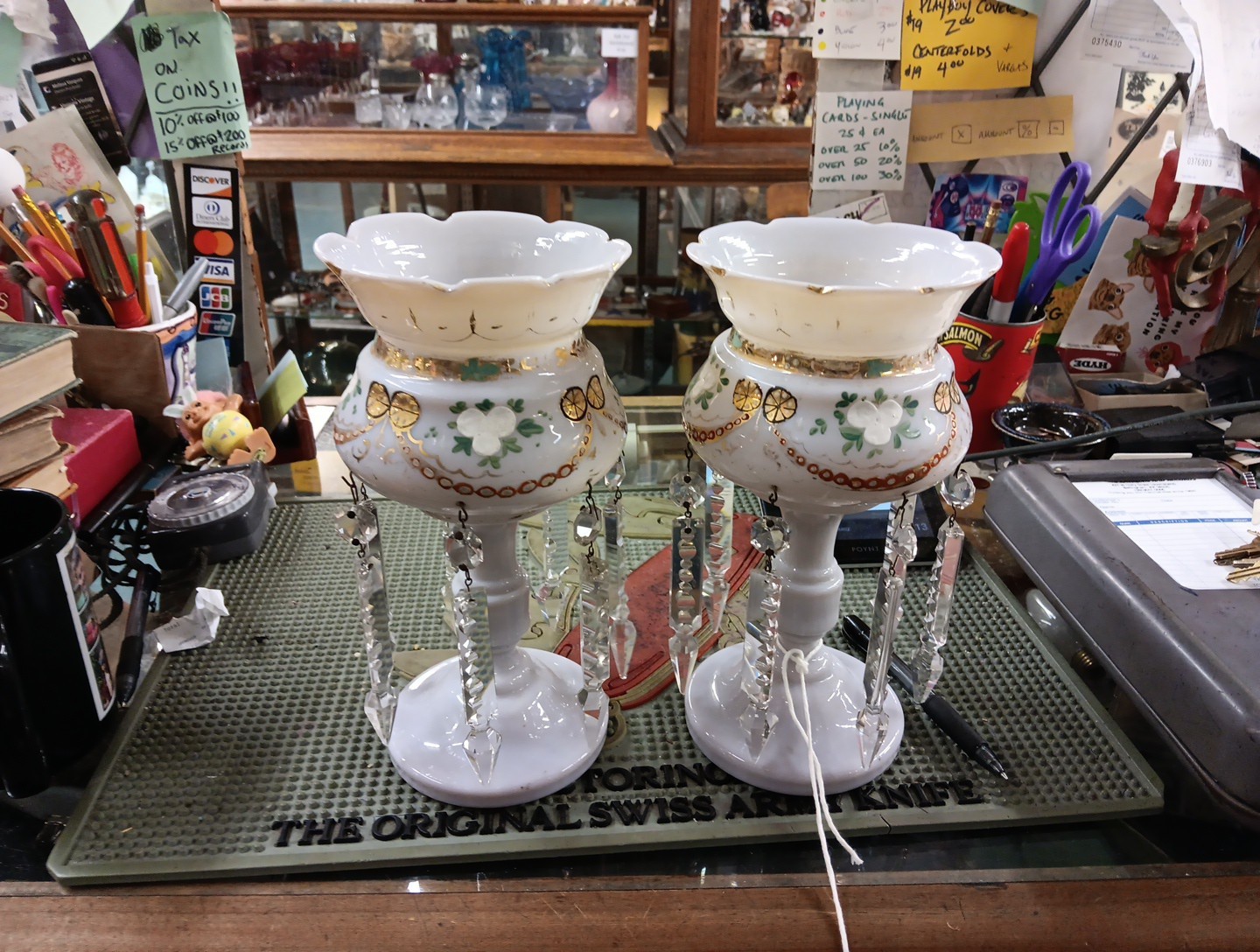 Pair Of Antique Victorian Art Glass Mantle Lusters W/ Prisms Clamshell Color