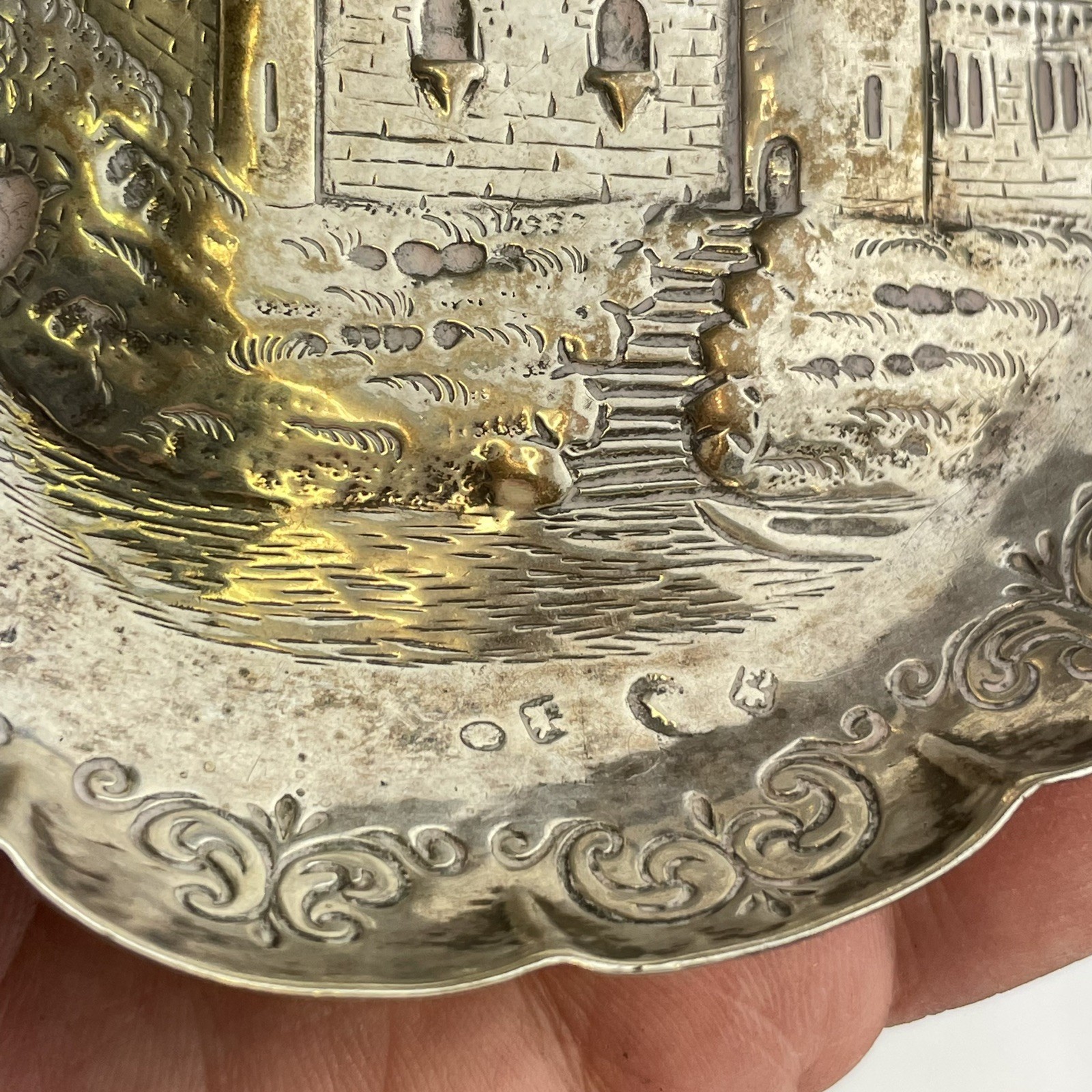 Antique 19thC Dutch Silver Two Handled Dish / Bowl Embossed Castle Scene