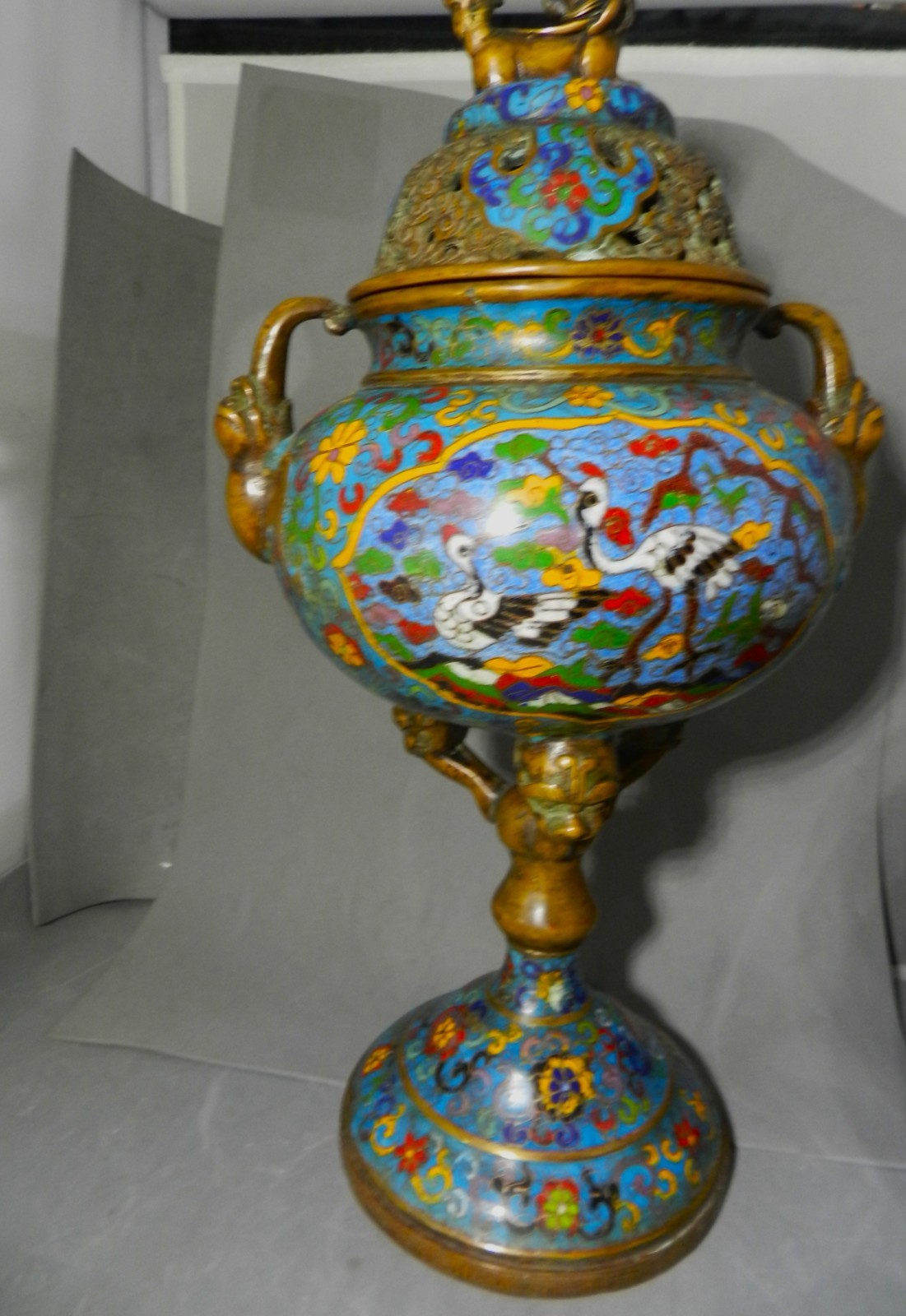 13.5″ ANTIQUE CHINESE BRONZE CLOISONNE INCENSE BURNER CENSER,EXQUISITE MINT COND