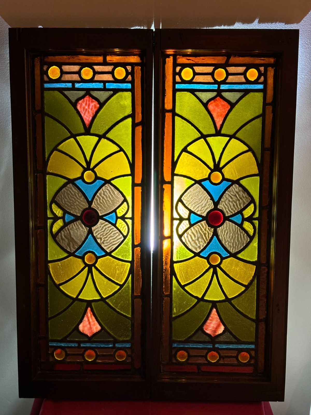 Antique Victorian Window Beveled Stained Ripple Glass With Jewels