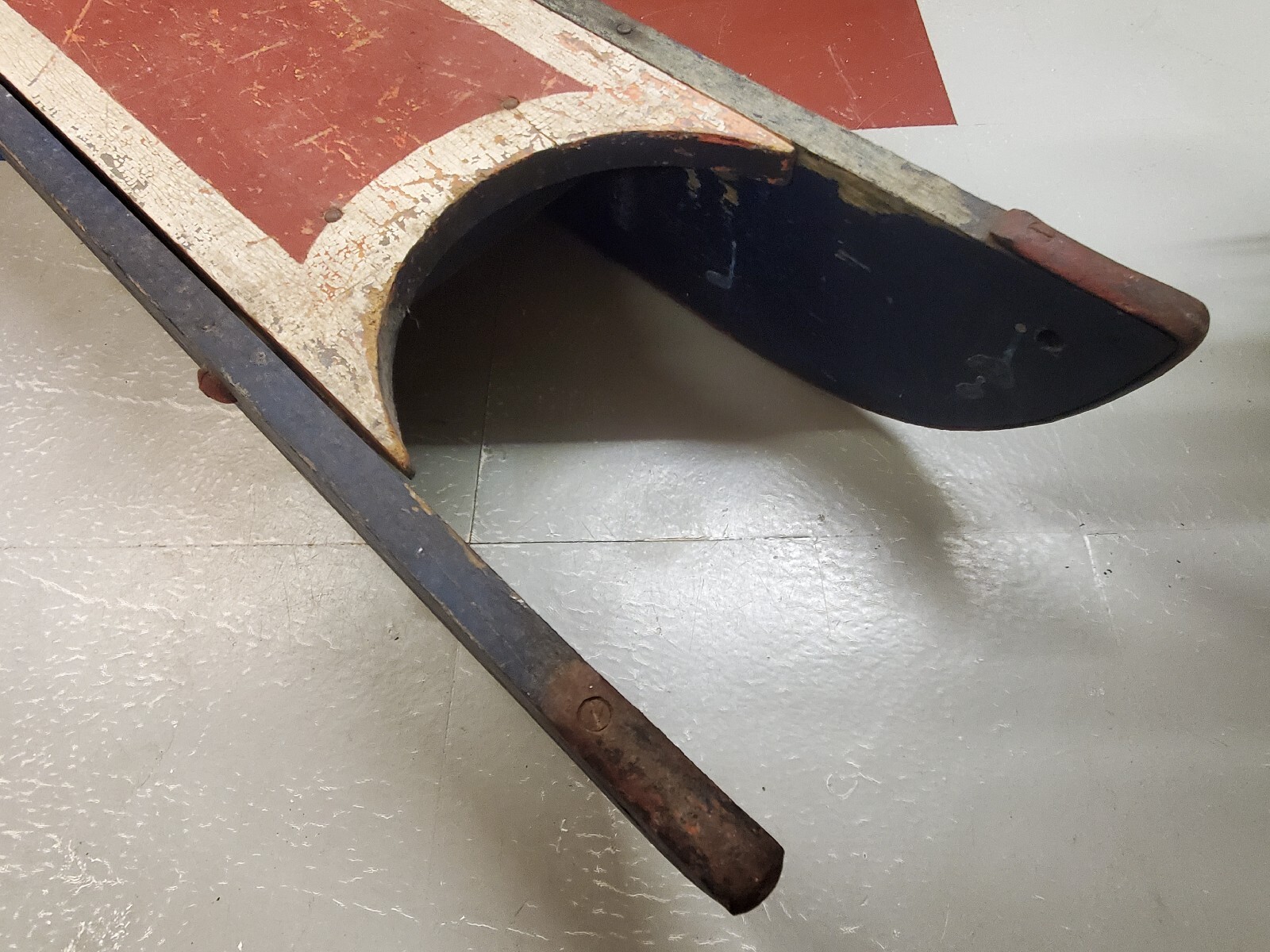 Antique Vintage Solid Wood Snowboard Sled Primitive Red White Blue Ice Sled Bob