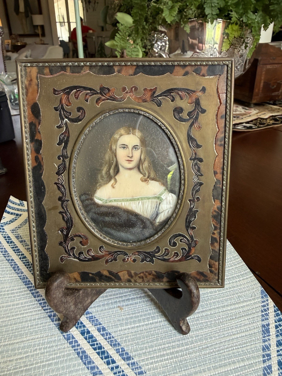 1870s Miniature Portrait In Authentic Boulle Frame, Tortoiseshell & Brass, Rare!