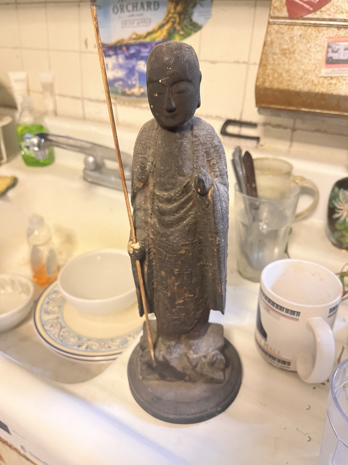 Vintage Japanese Hand-Carved Wooden Jizō Bosatsu Monk Statue – Buddhist Art