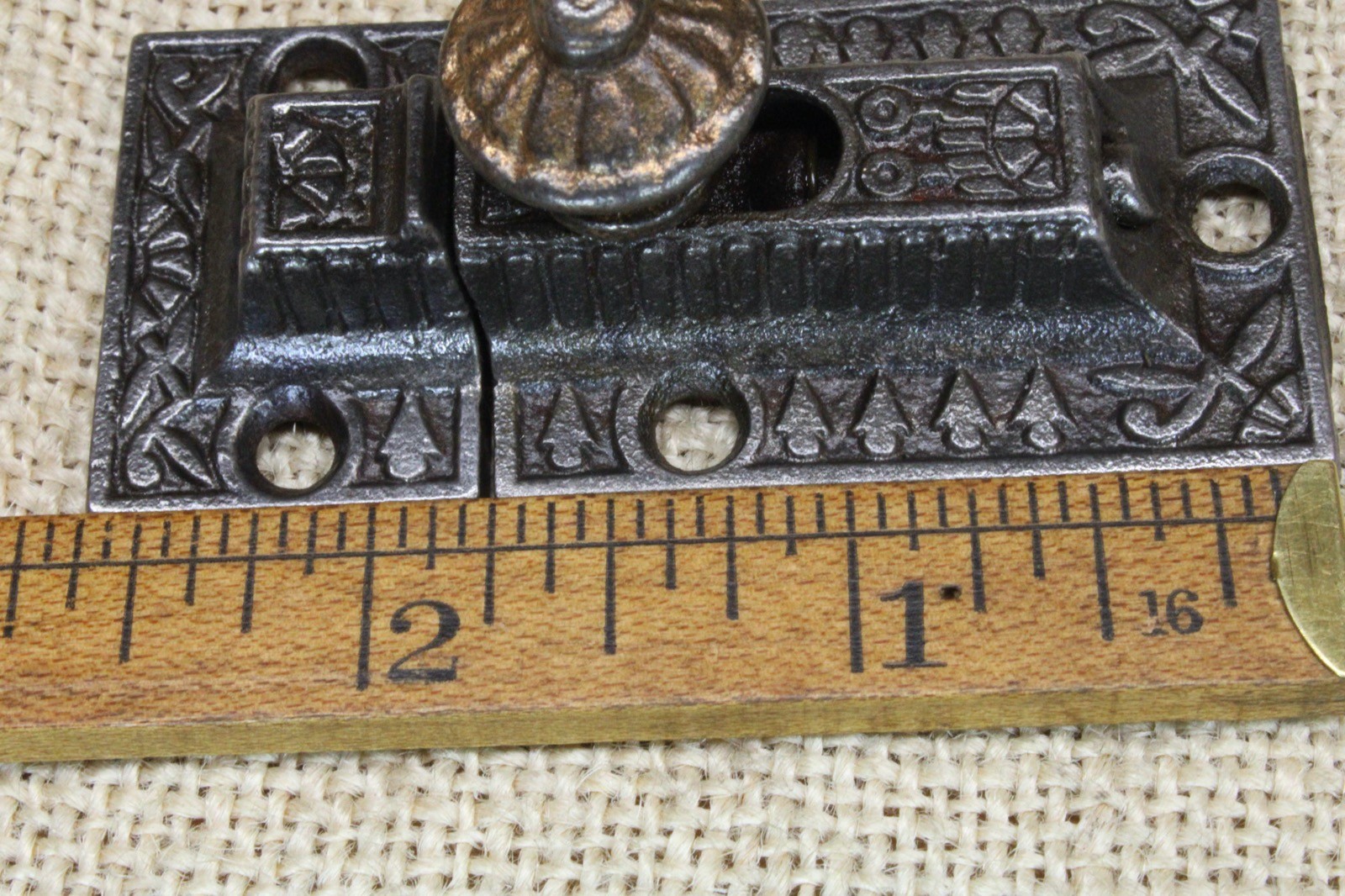Old Cabinet Latch Catch Cast Iron Brass color Sunrise Knob Windsor Vine Scroll