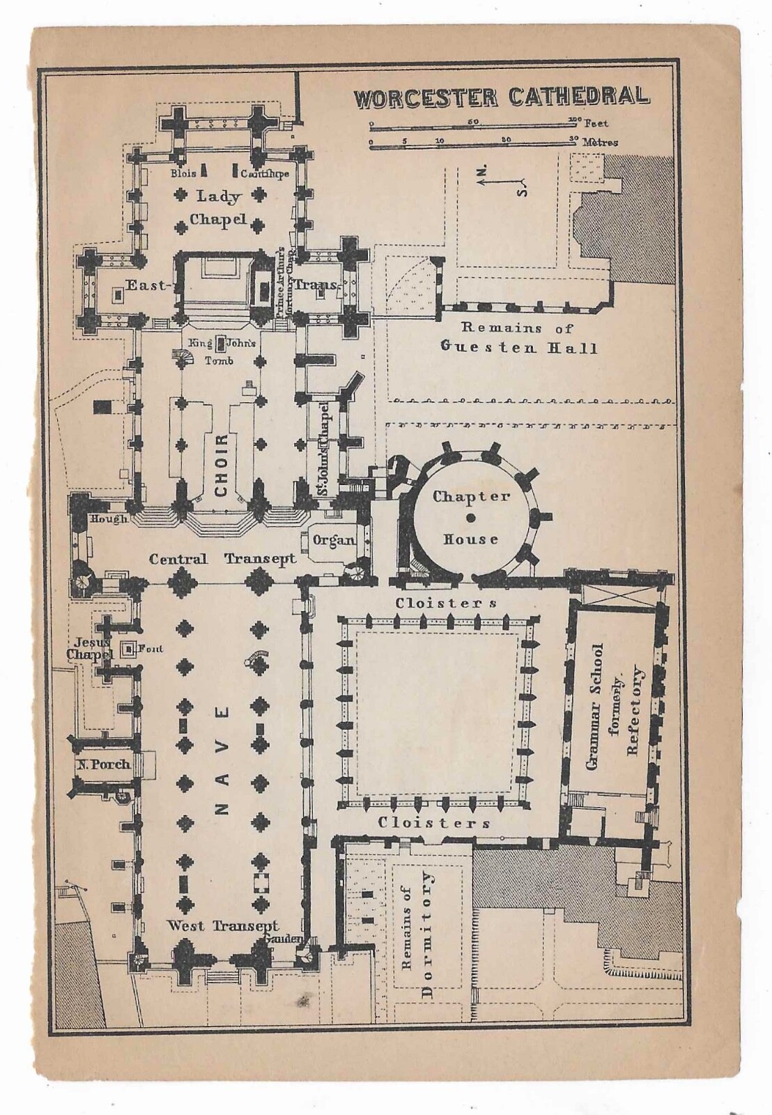 Antique Map of Worcester Cathedral England Great Britain