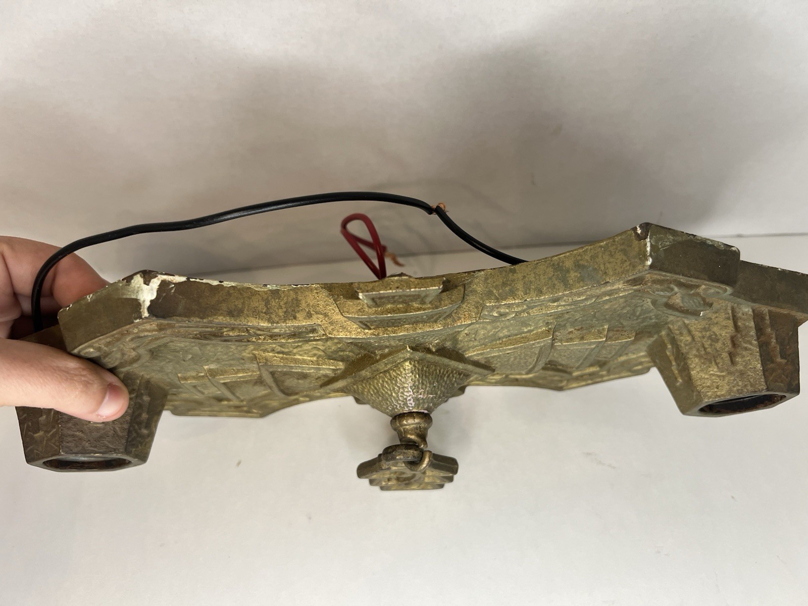 Antique 1920 Bare Bulb Flush Ceiling Brass?gold Light Fixture Art Deco / Nouveau