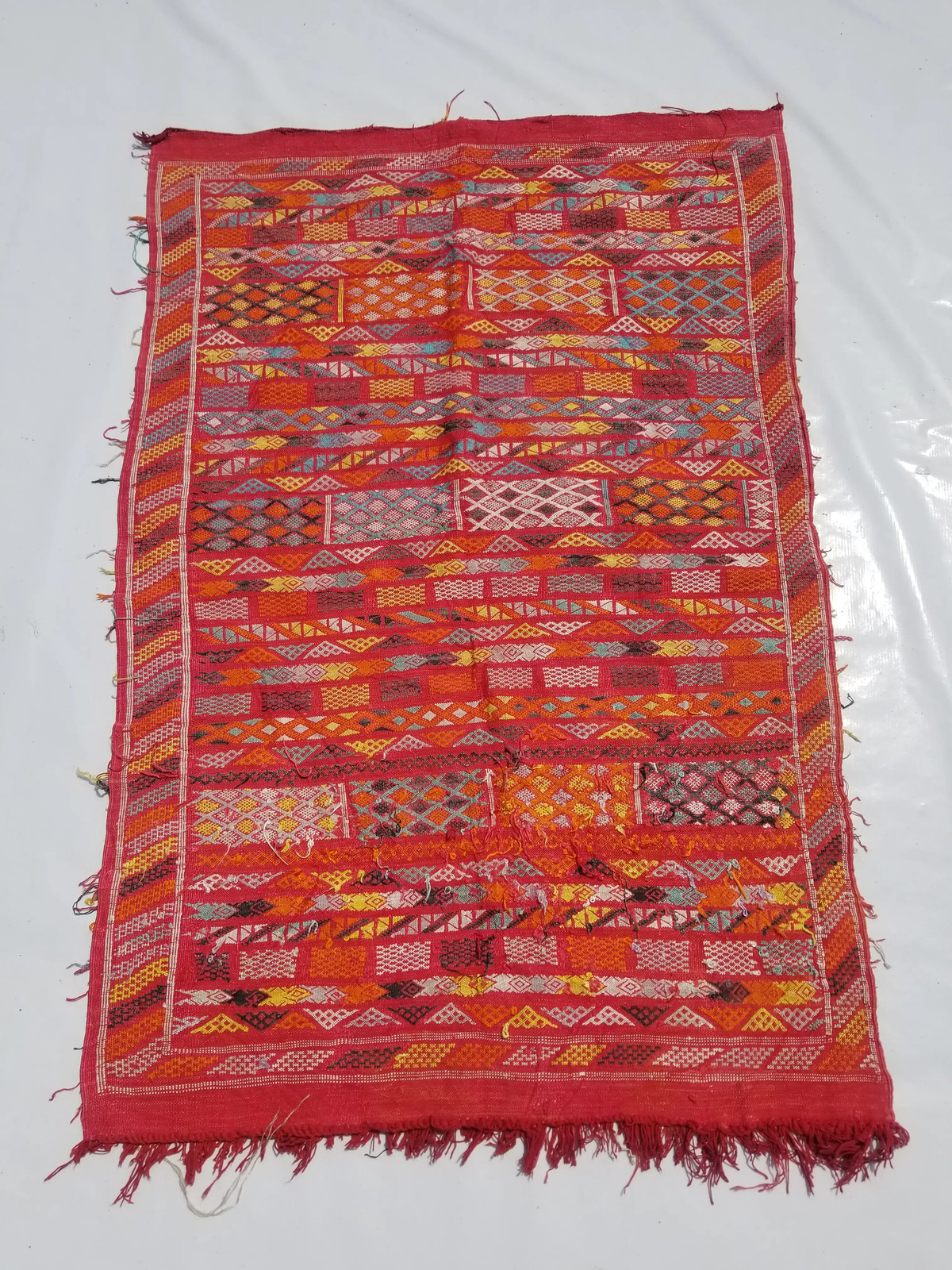 Vintage Traditional Handmade Moroccan Wool Multi Kilim Rug 4.3×2.8ft