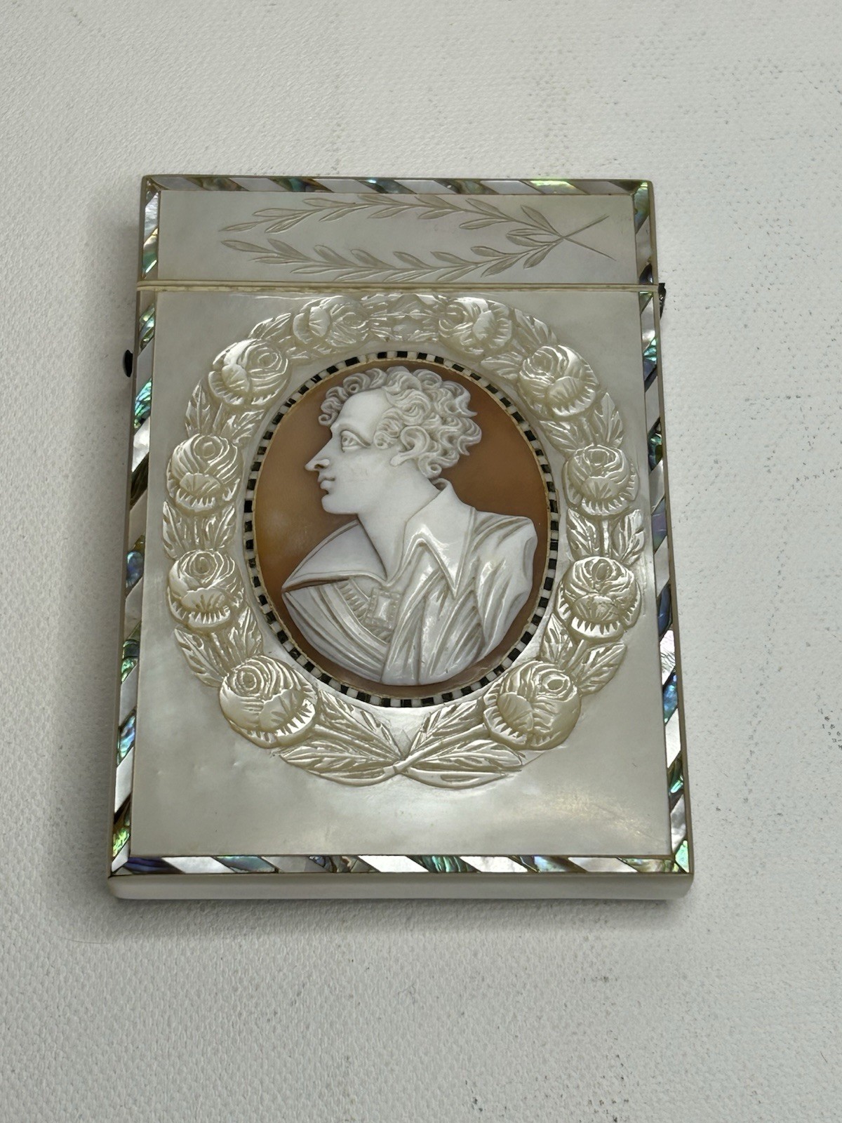 Antique Calling Card Case Abalone Mother Of Pearl MOP Lord Byron Shell Cameo