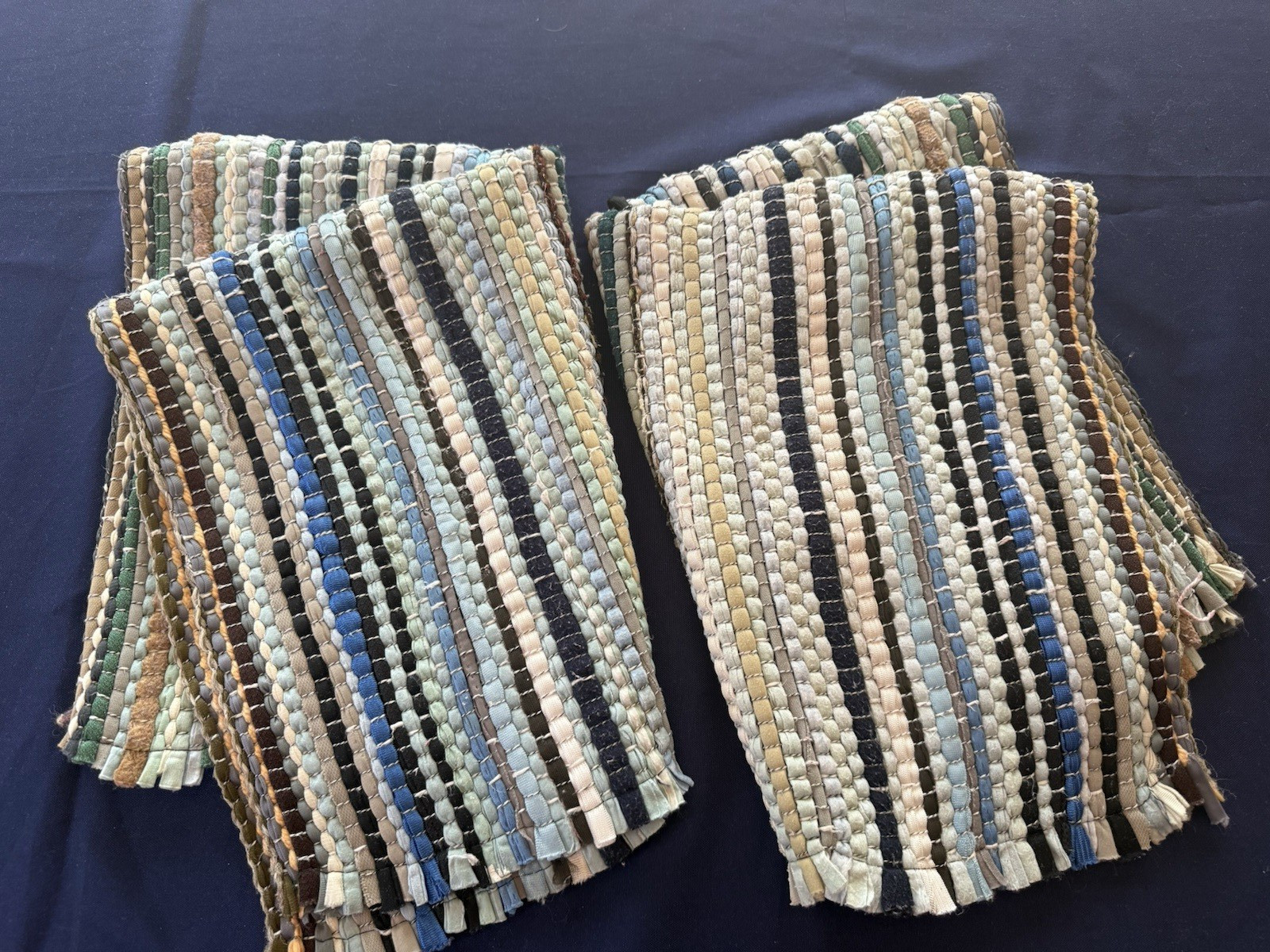 Vintage Hand Woven PAIR Rag Rugs #5 Msmt: 27″ by 19” w/Fringe Multicolor