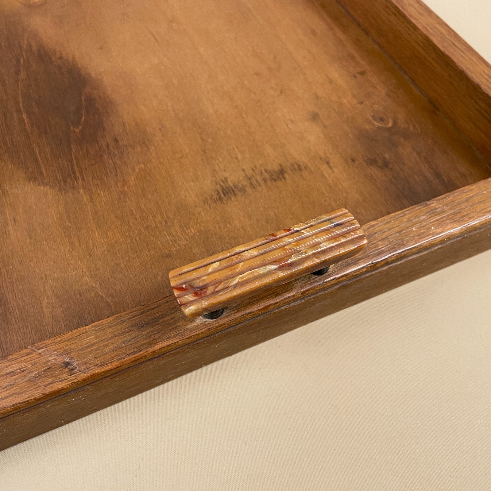 Antique Wooden Tray Wood Display Rectangle Plastic Handles Solid Handmade Brown