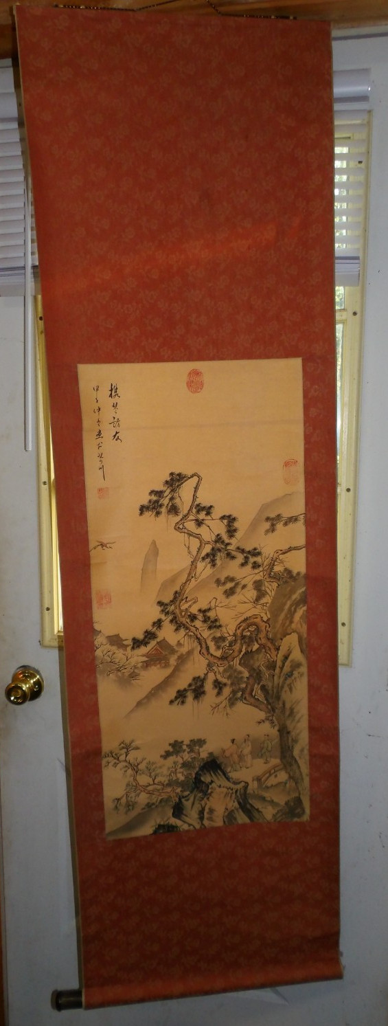 VINTAGE JAPANESE HANGING SCROLL WATERCOLOR PAINTING-KAKEJIKU-66″ x 20″-LANDSCAPE