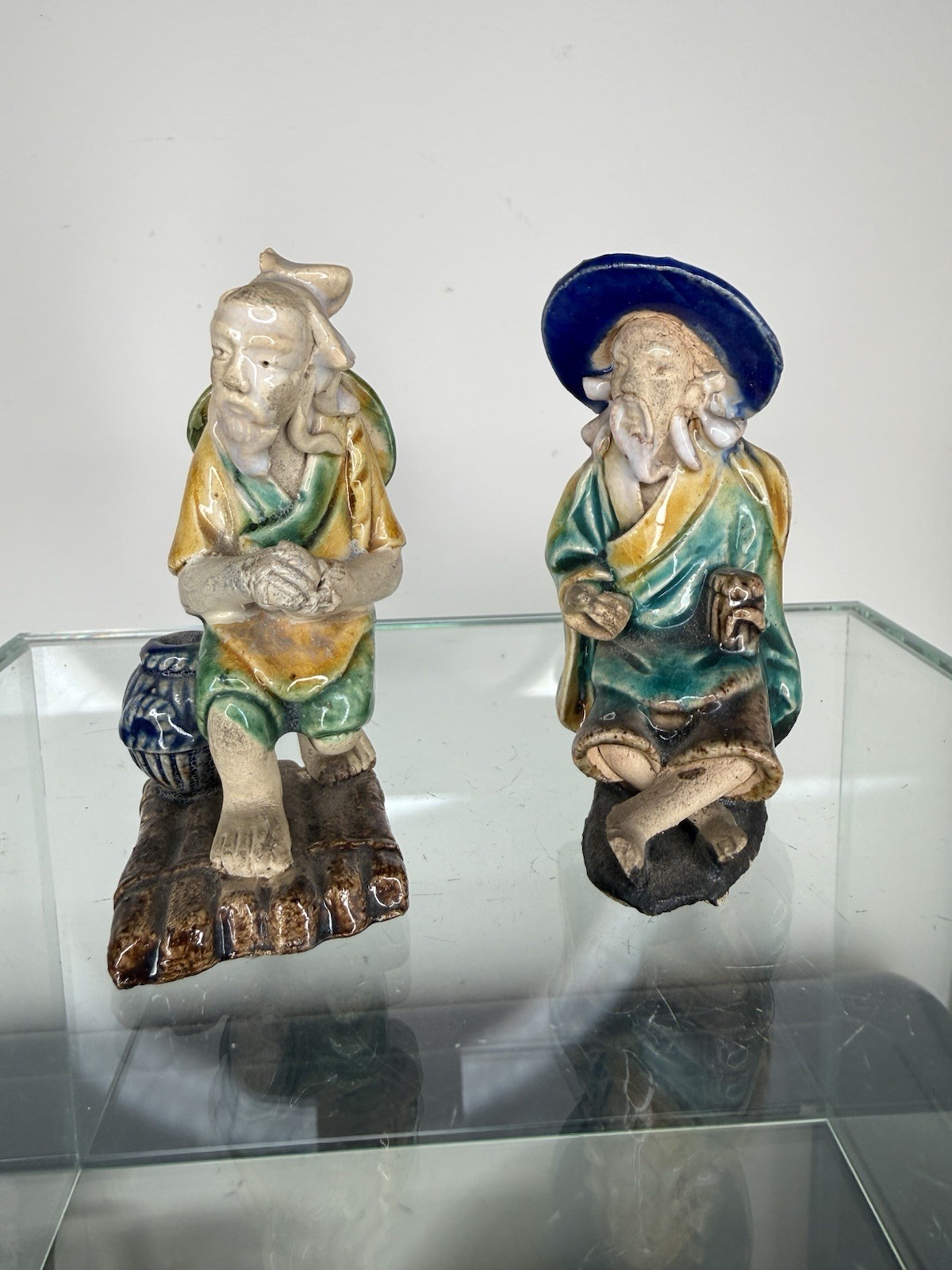Pair Antique Chinese Pottery Pipe Mudman Figure, Fisherman 7.5cm