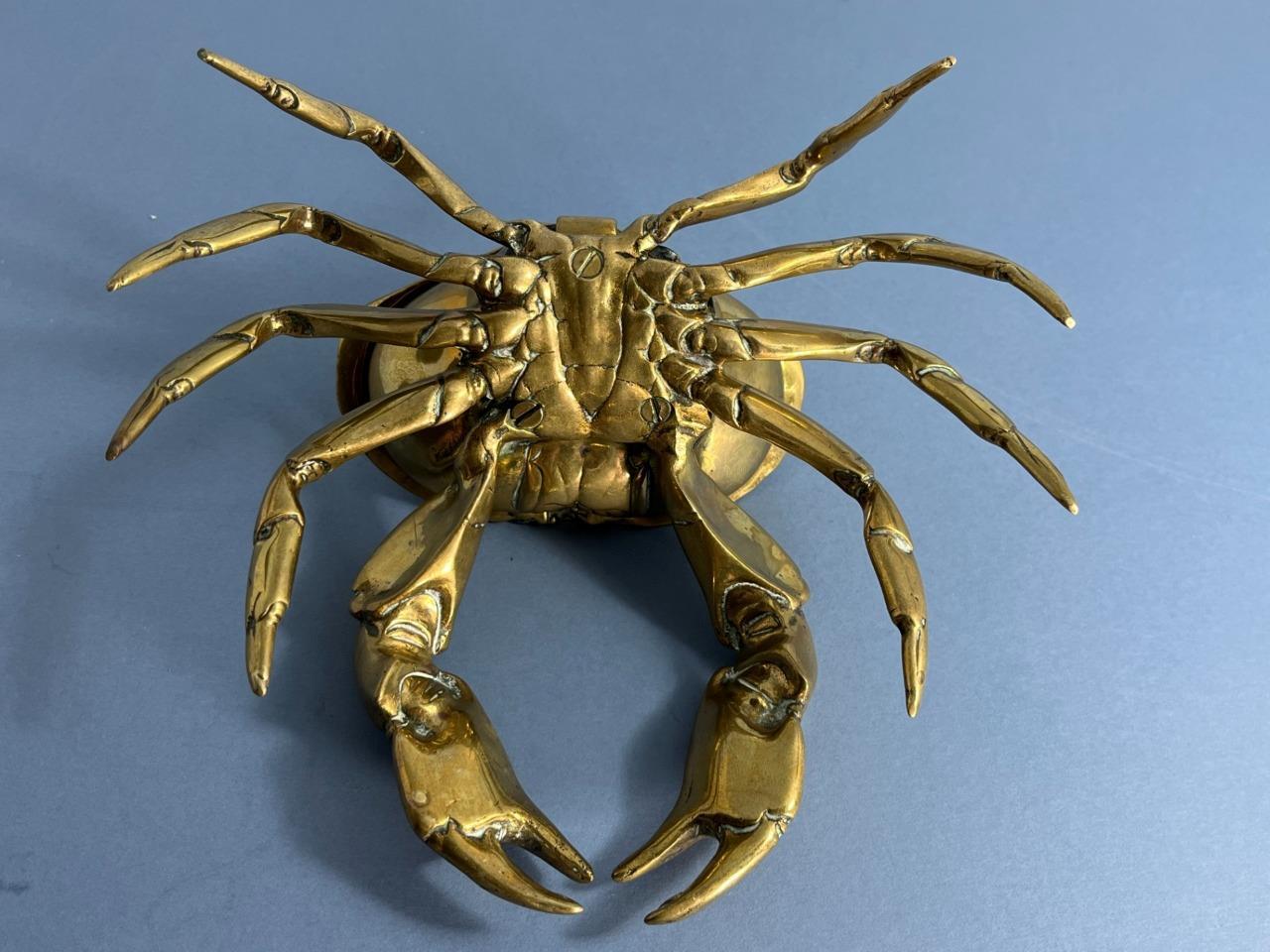 SCARCE UNUSUAL ANTIQUE VICTORIAN BRASS NATURALISTIC CRAB INKWELL & LINER