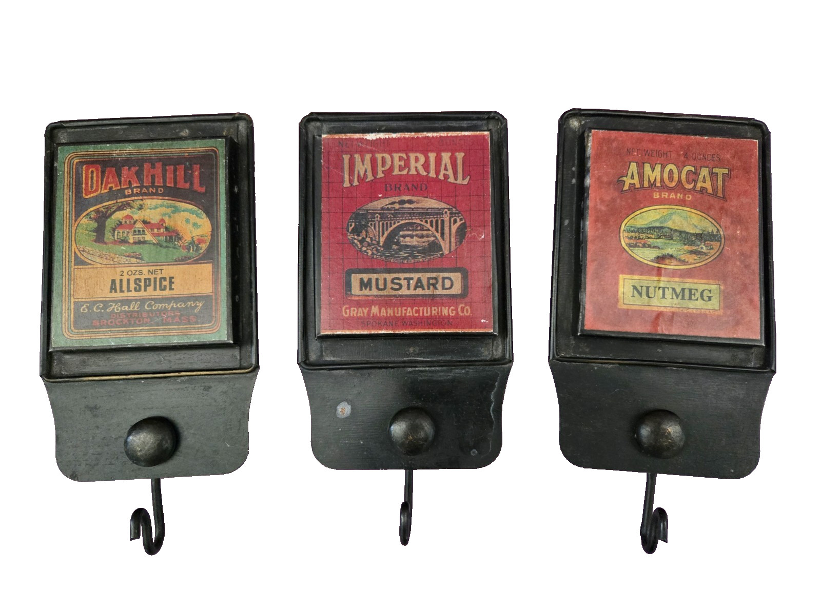 Vintage Advertising Tins Amocat Oak Hill Imperial Spices Wall Hook SET OF 3