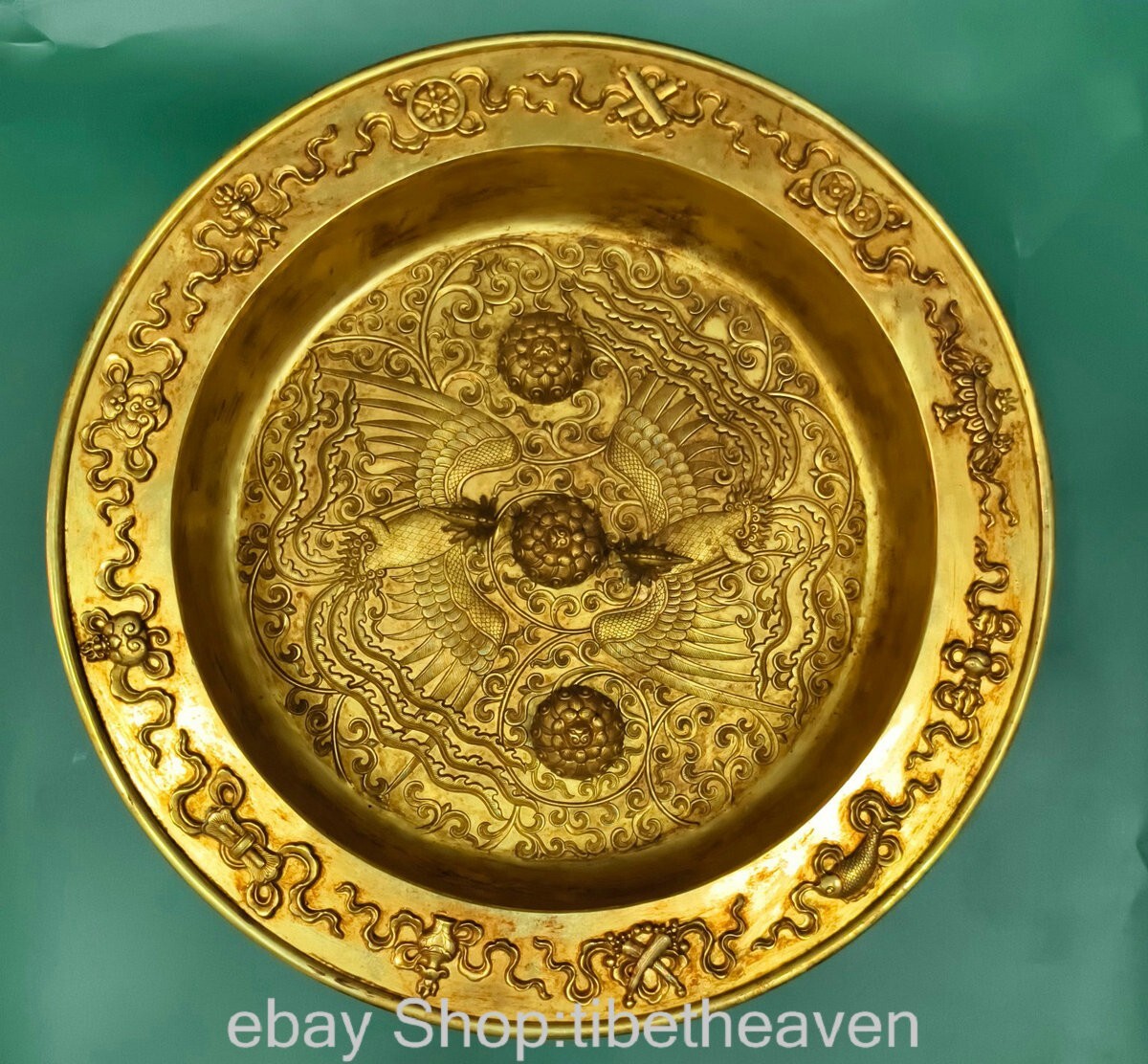 16.8″ Old Chinese Copper 24K Gold Gilt Dynasty Double Phoenix Tray disc