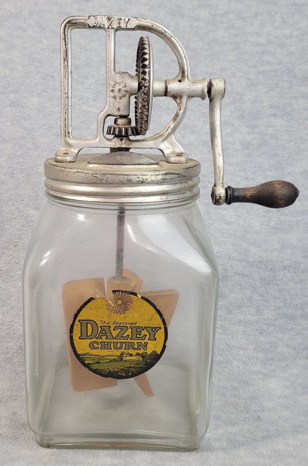 Antique Dazey Butter Churn Glass Jar No 40 Wooden Paddles Original Label
