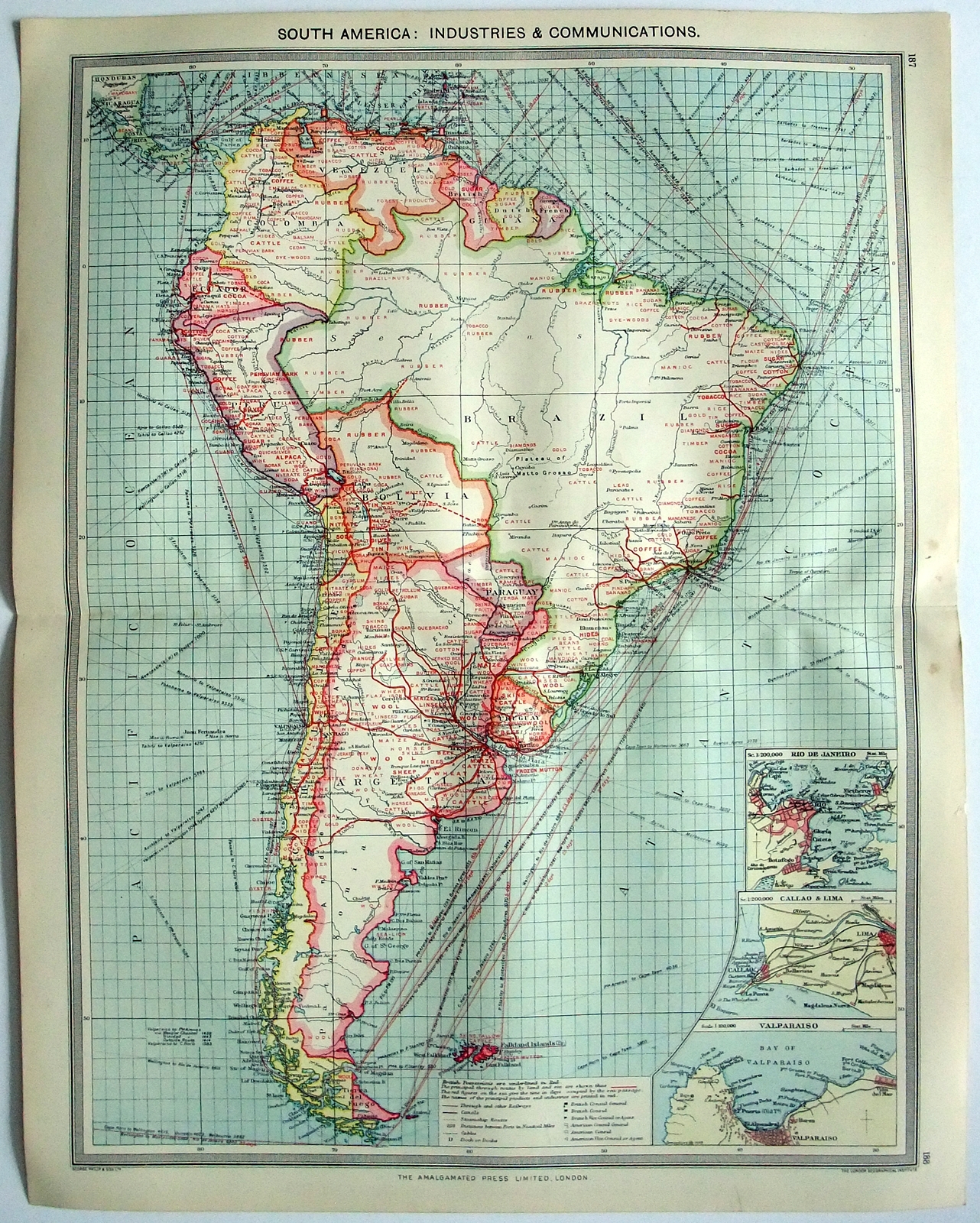 Original Map of South America: Industries & Communication c1907 by G Philip