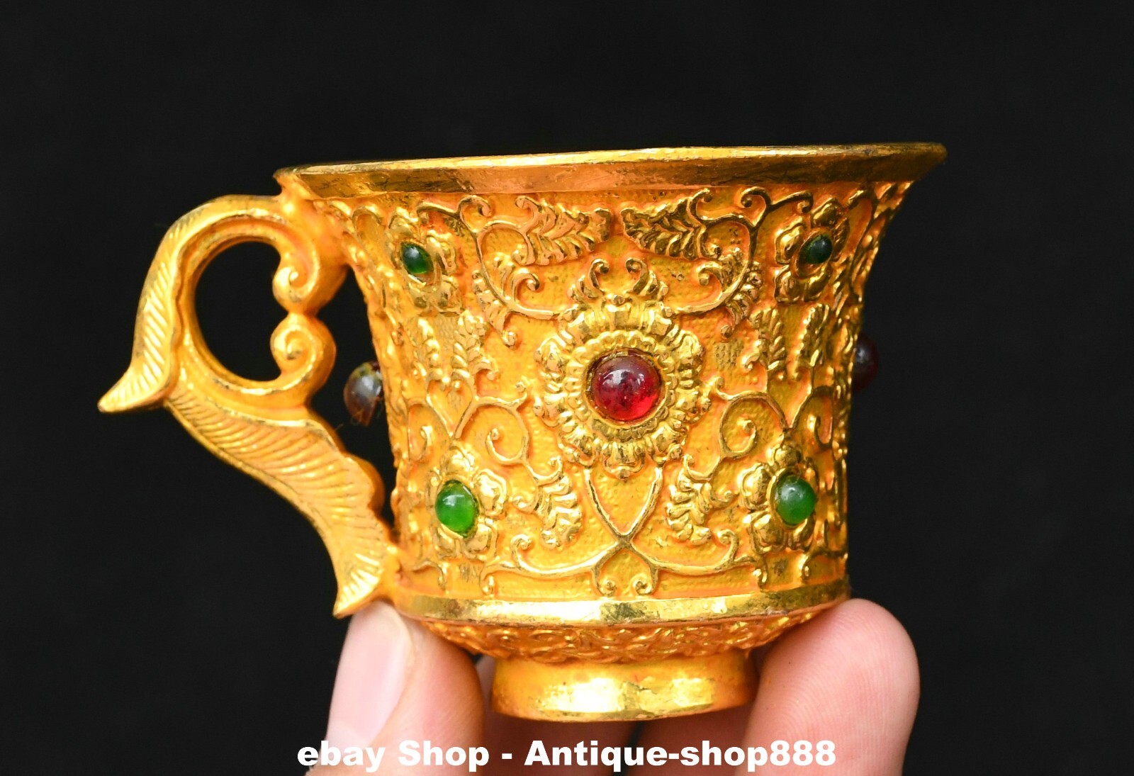 Old Dynasty Bronze Gilt Inlay Gems Flower Pattern Wine Glass Cup Drinking Vessel
