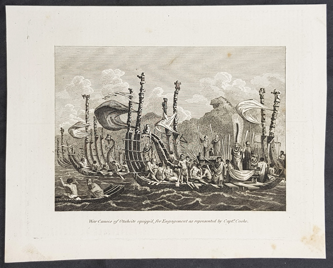 1788 William Henry Hall Antique Print Captain Cook & War Canoes in Tahiti, 1773