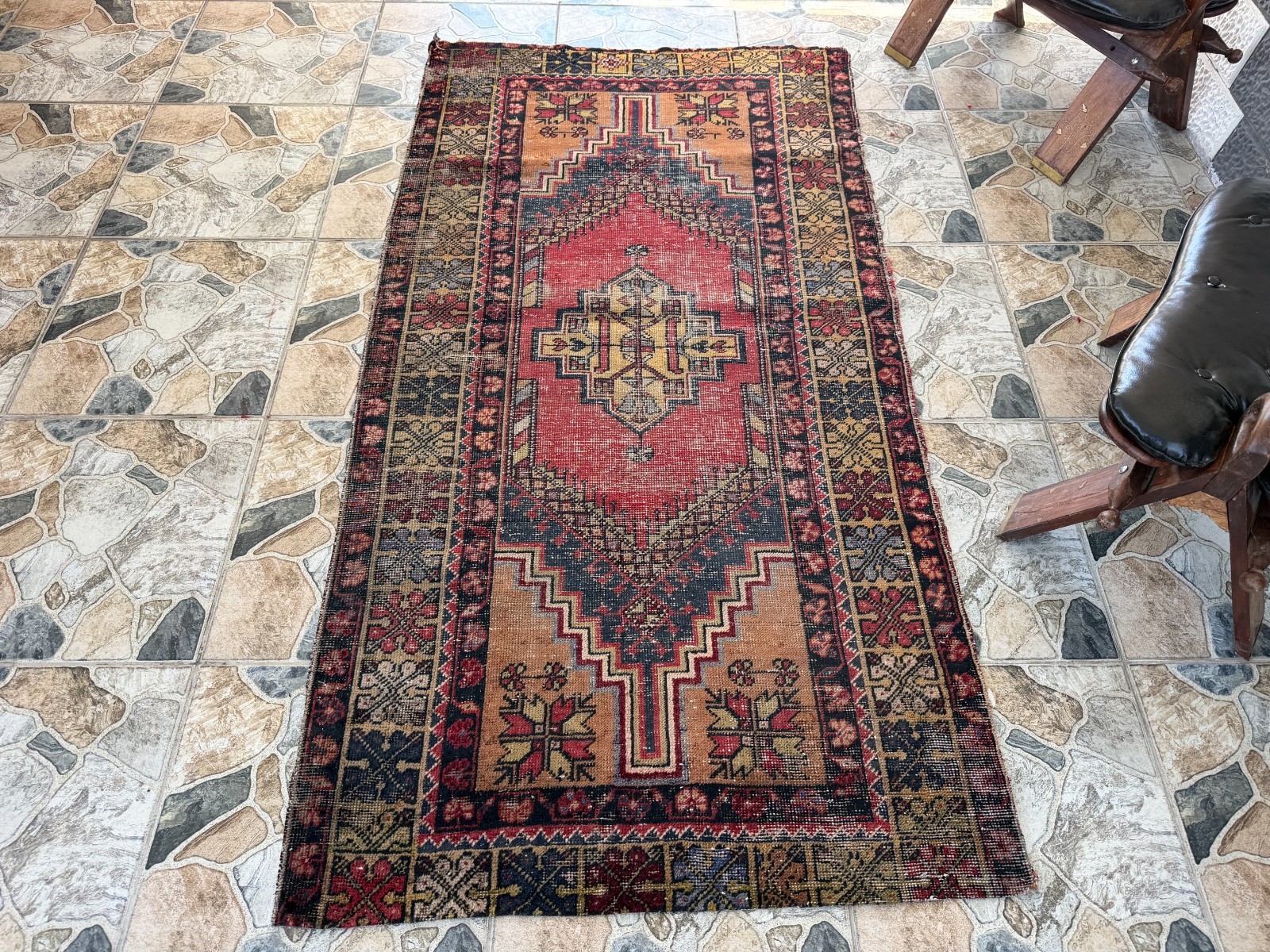 Vintage Turkish Distressed Rug 3×6 ft Hand Knotted Wool Antique Tribal Anatolian