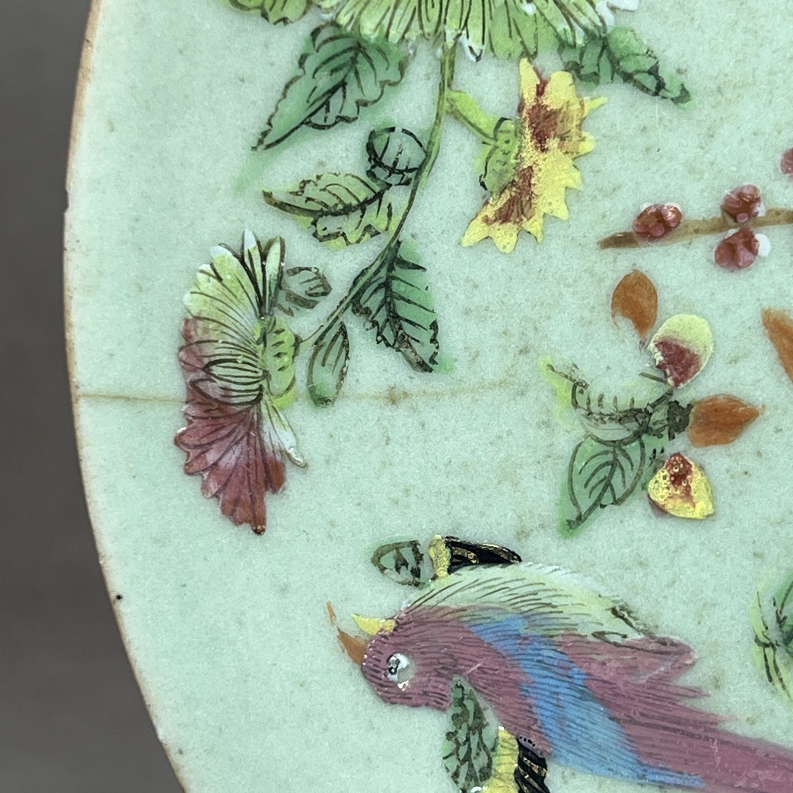 C19th Qing Dynasty Chinese Celadon Small (19.2cm) Famille Rose Plate (Hairline)