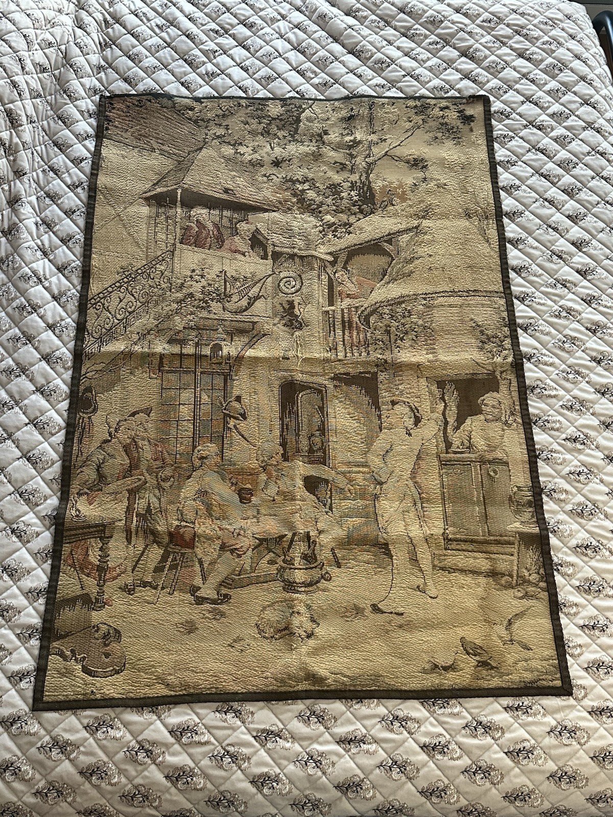 Tapestry French Wall Hanging 38×56 Village Scenes Made in France Early 1900th