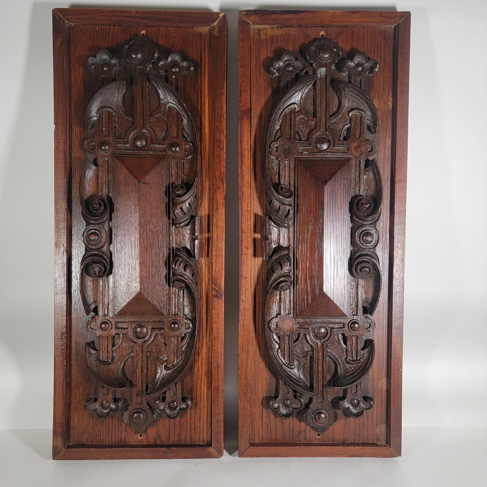 Antique Carved Oak Architectural Panel Pair Victorian Renaissance Revival 26×10