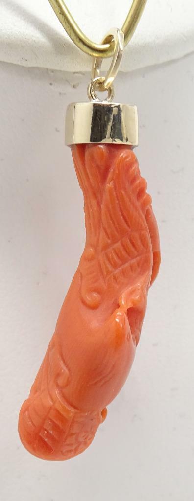 Fine Antique Chinese 14K Carved Salmon Red Coral 1 ½” Bird. Fish, Waves Pendant