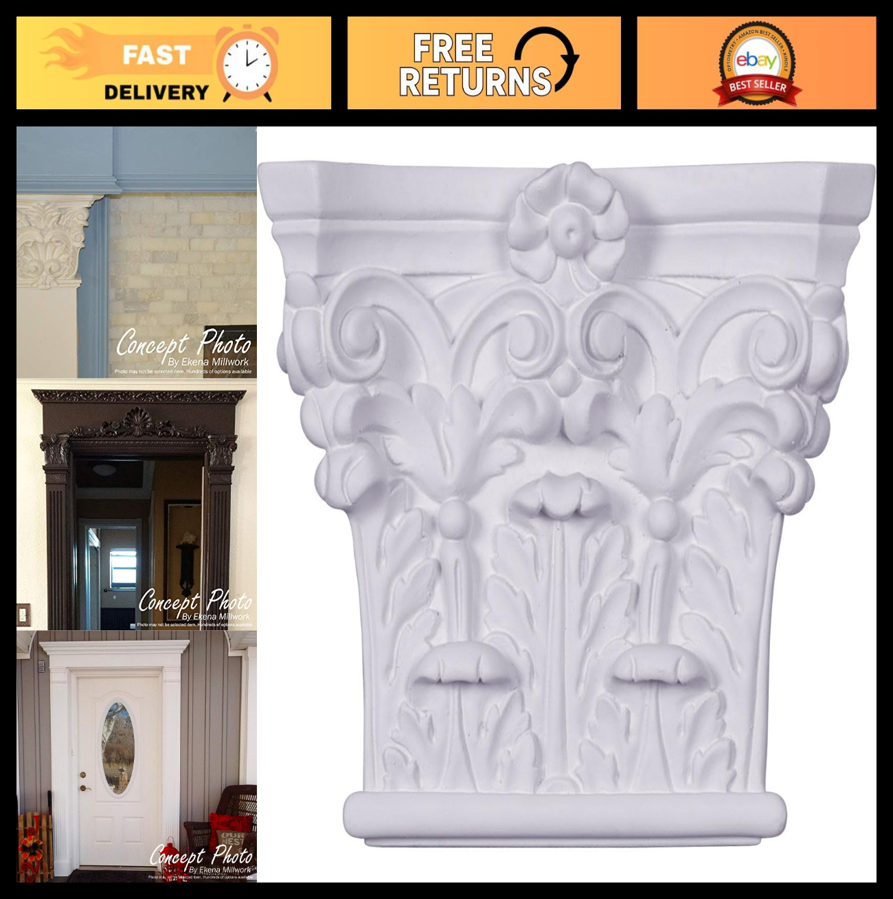 Corinthian Pilaster Capital 7″ x 6.375″ x 1.75″, Factory Primed White, Decorativ