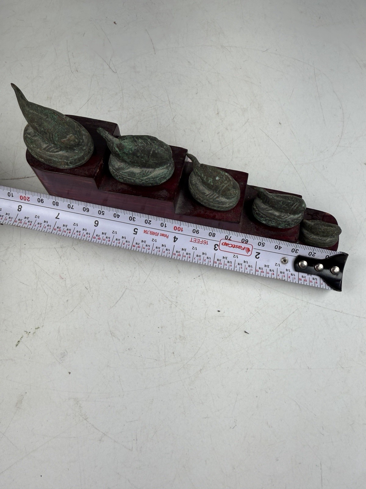 Set Of 5 1880s Antique Burmese Chinese Fish Shaped Pipe Weights W Stand