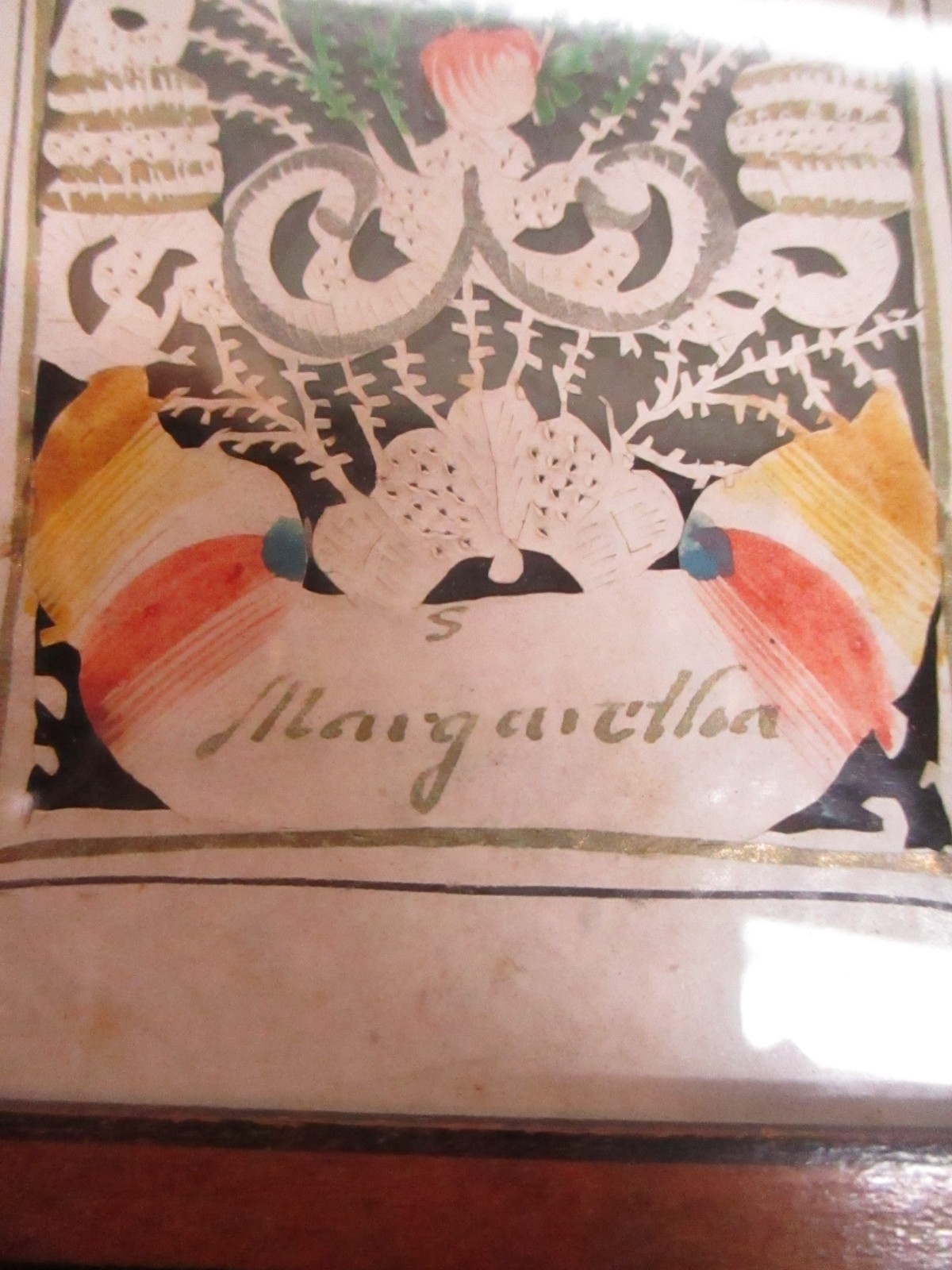 Antique Scherenschnitte 18thc Hand Cut & Painted Margarettia 5 3/4″ x 4 1/4″