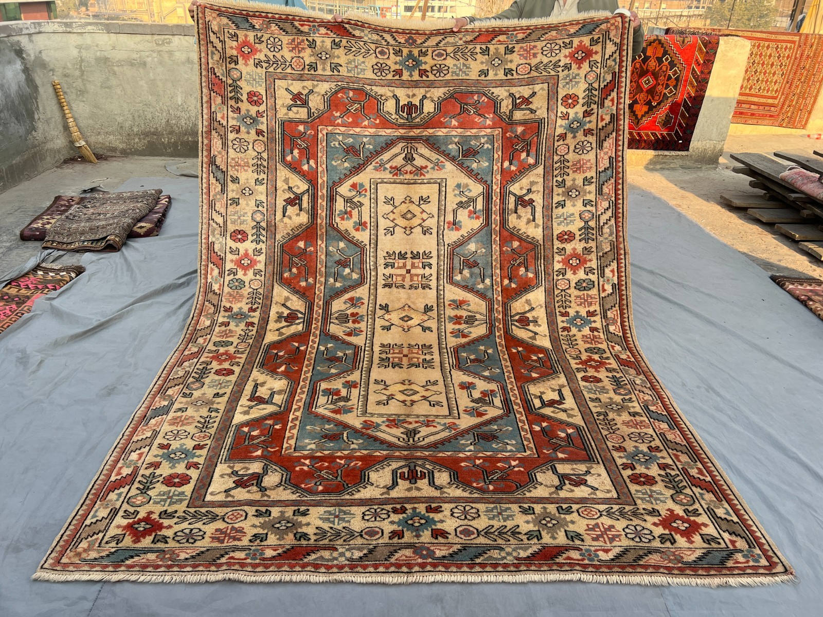 Vintage Turkish Hand Knotted Rug 7×10 Tribal Wool Geometric Area Bedroom Rug