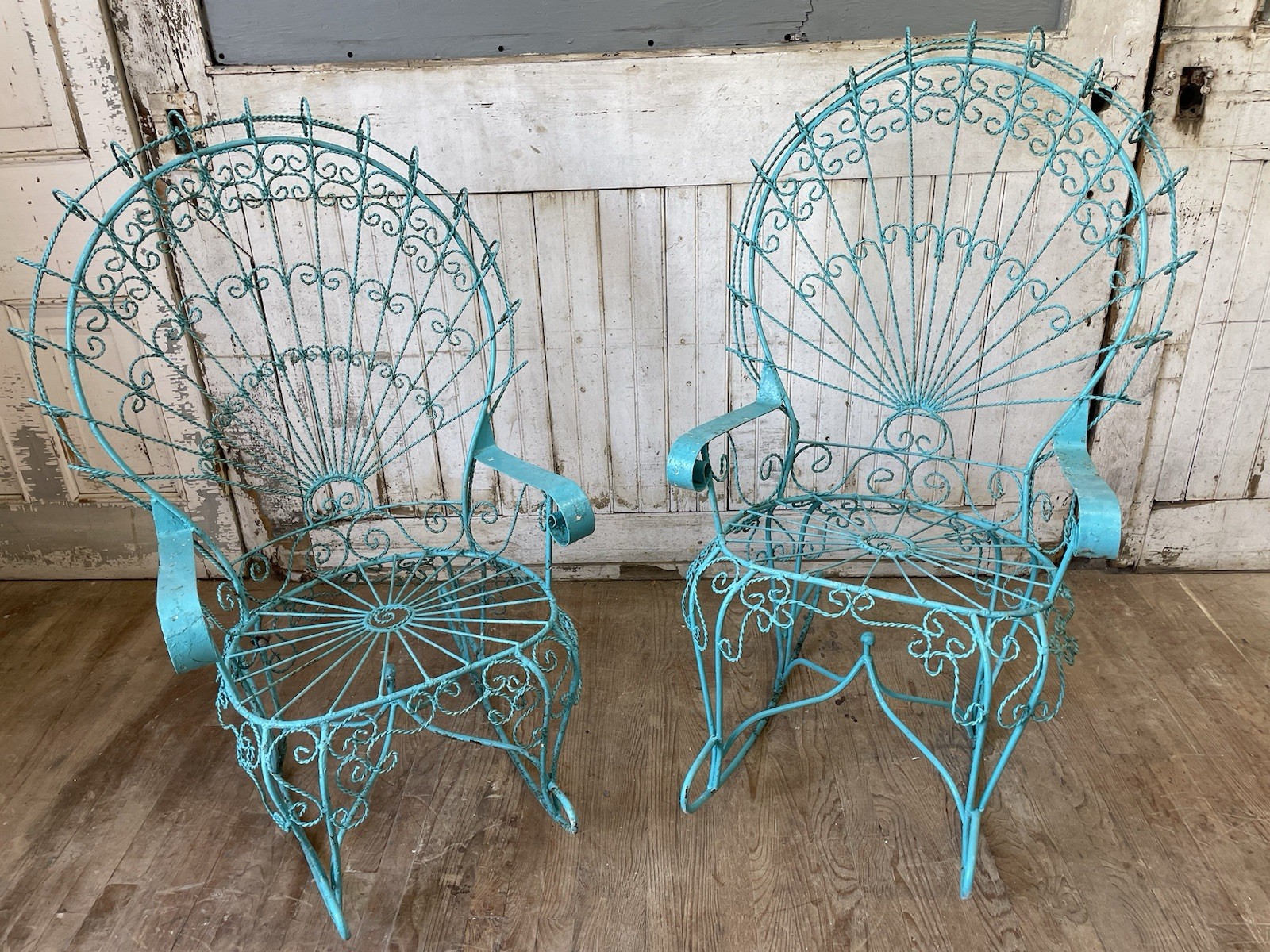 Pair of Vintage Wrought Iron Peacock Chairs Salterini Style Rockers woven wire