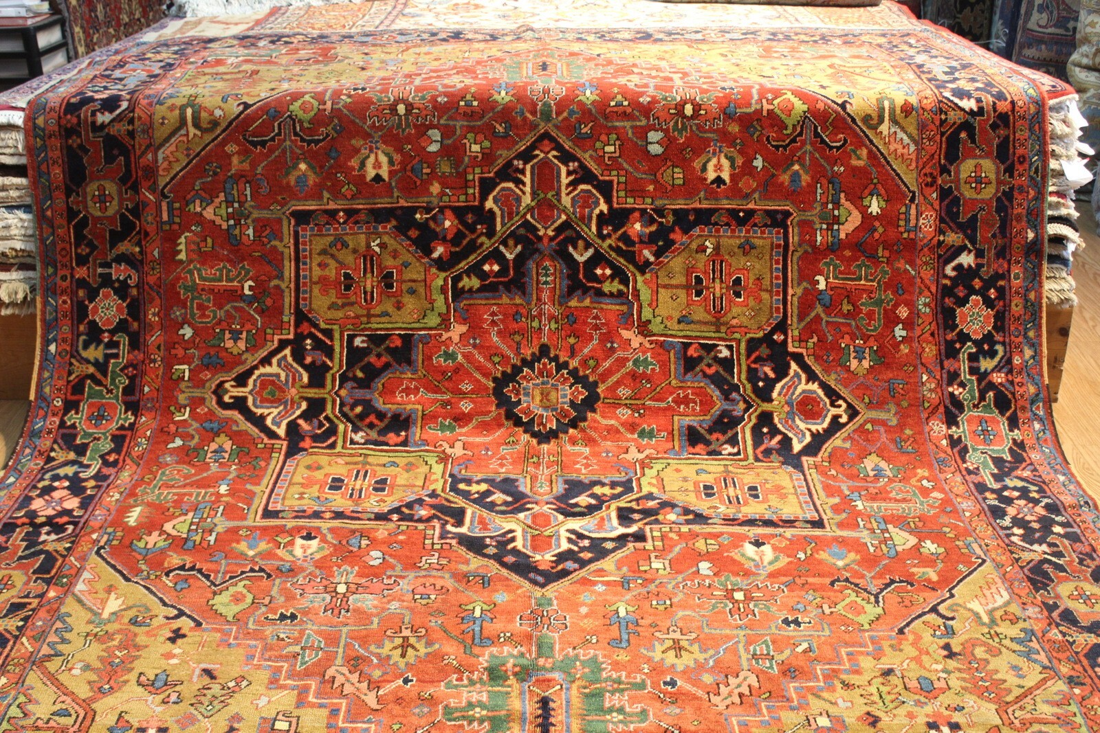 19Th Century Antique Heriz Bakhshayesh rug, Jewel Color Orange, yellow, blue.