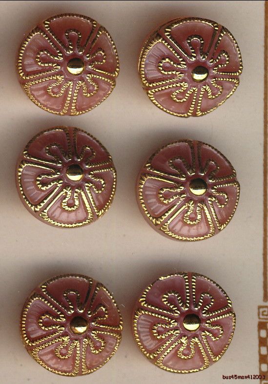 Gold Accented Design on Pink Cone Shaped 6 Czech Glass Buttons .475″=12.07mm