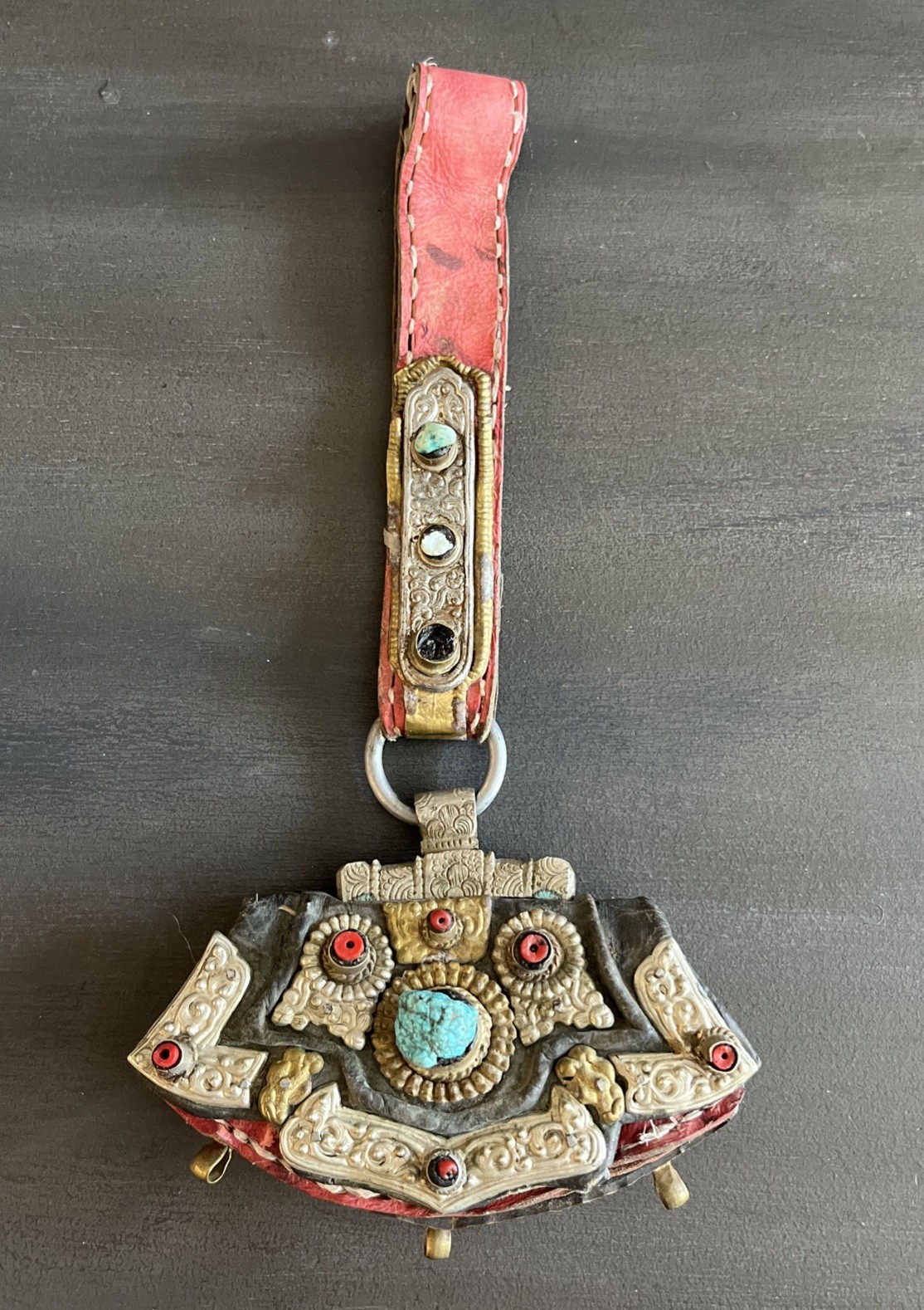 Antique Tibetan Hand Tooled Flint Carrying Pouch. Coral/Turquoise Stones