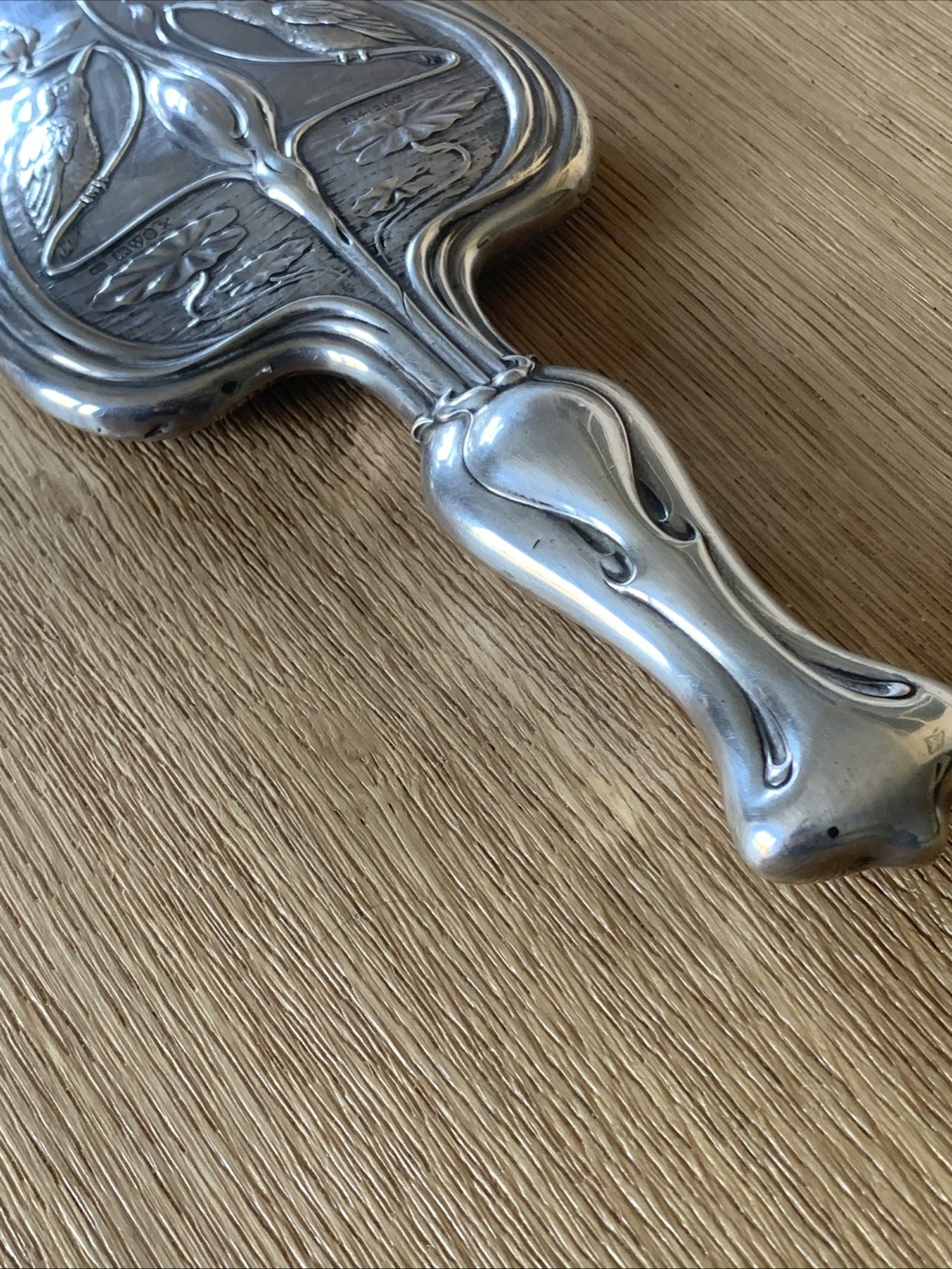 ART NOUVEAU SILVER HAND MIRROR-CHESTER 1904-WILLIAM NEALE-KINGFISHER/WATER LILY