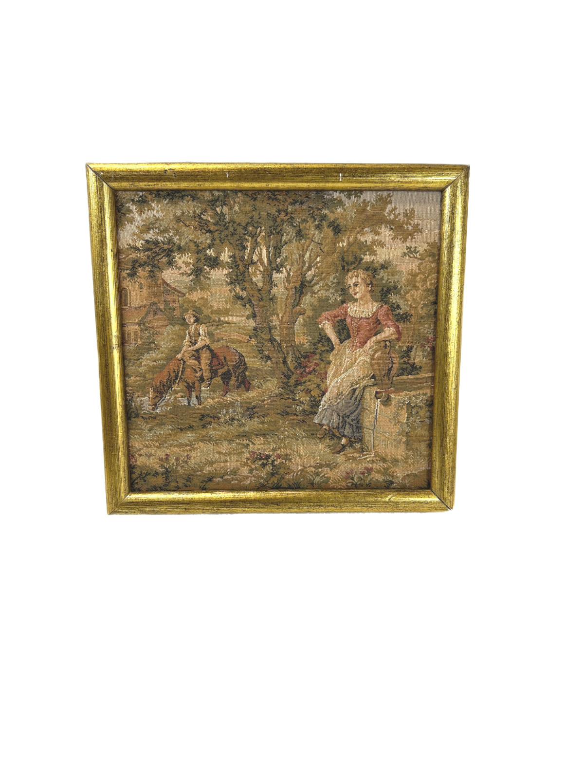 Vintage Greek Gobelin Lady Horse Pastoral Tapestry Wall Art Gilt Frame 11″