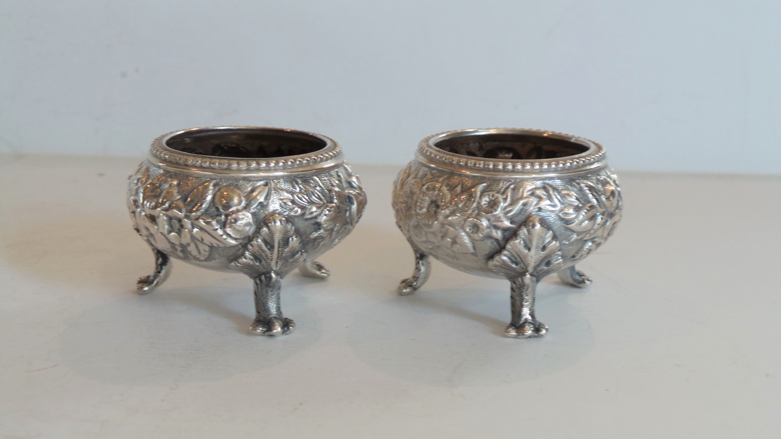 Pair Kirk REPOUSSE Coin Silver Footed Salt Cellars,100 Grams