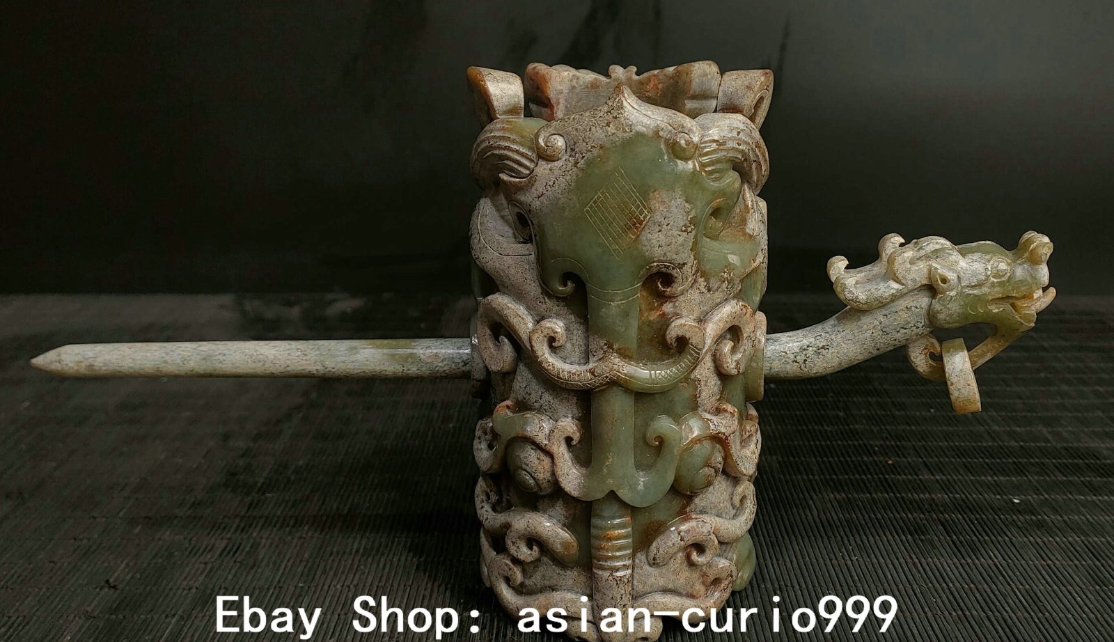 11″ Old Han Dynasty Hetian Jade Carved Dragon Loong Beast Animal Royal Crown