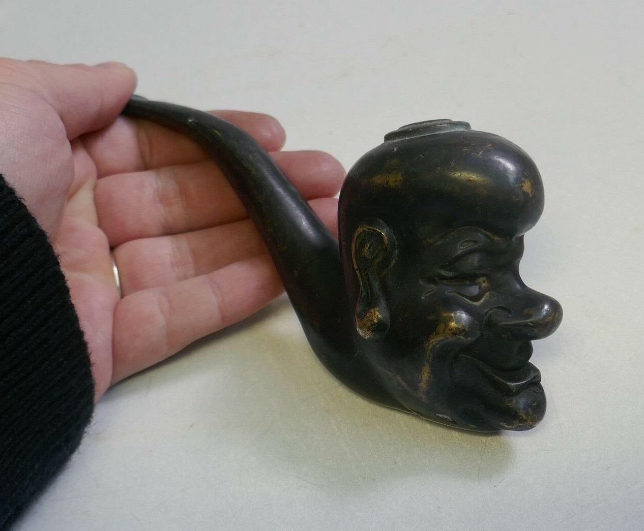 Antique Chinese Bronze Grotesque Face Shaped Bronzed Pipe