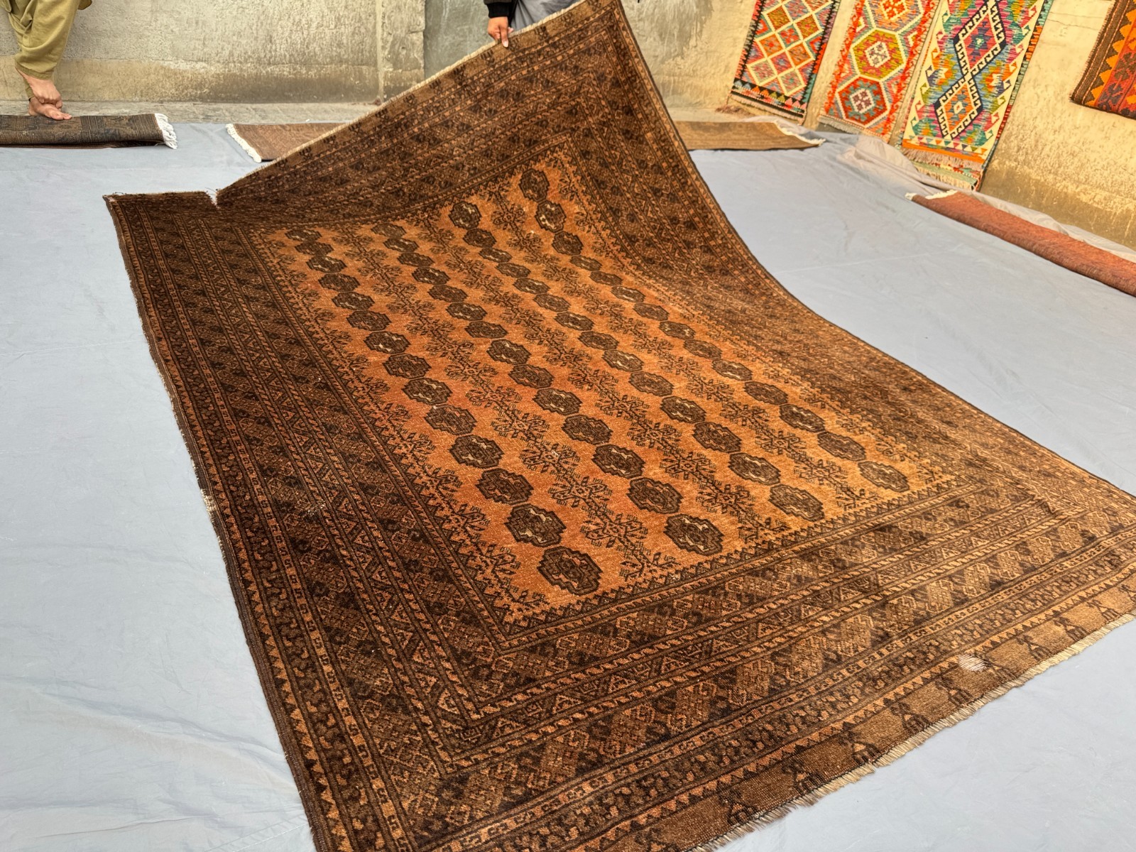 7×10 Turkmen Waziri Rare Rug, Terracotta Faded Nomadic Vintage Living Room Rug
