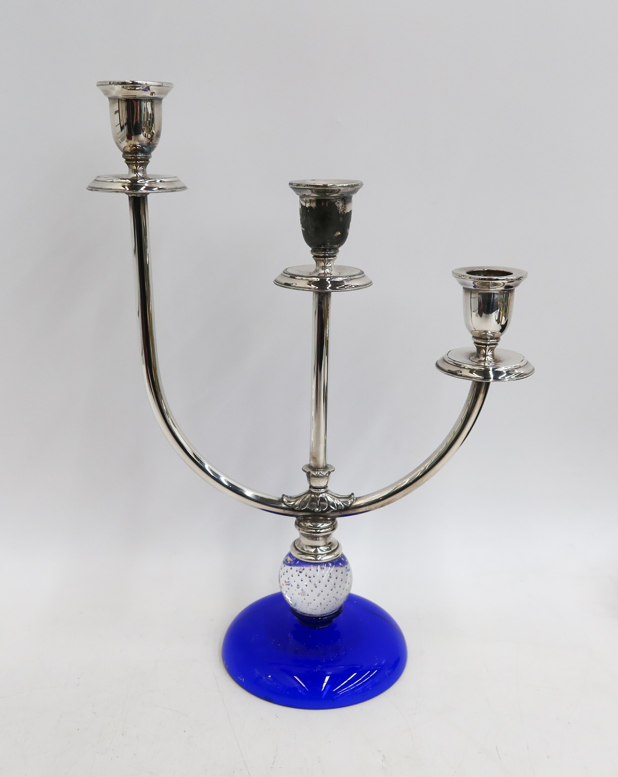 Pairpoint Silverplate and Controlled Glass Bubble Three Stem Candelabra
