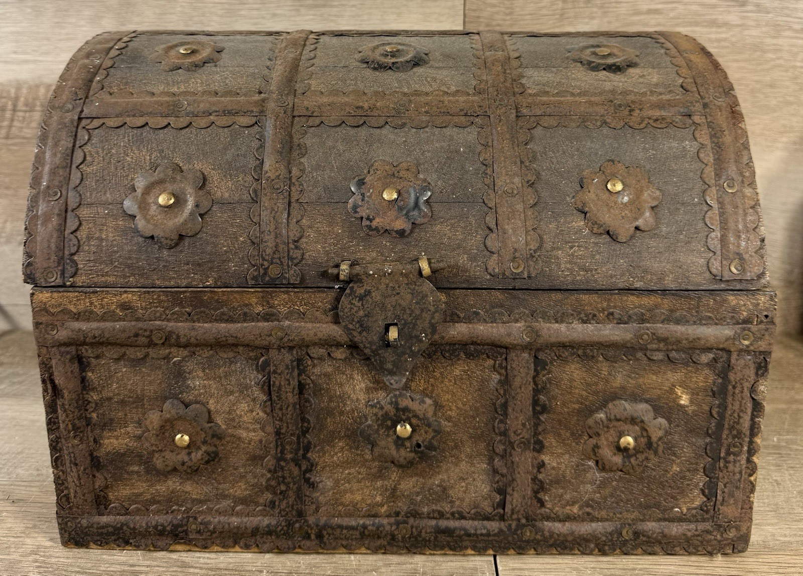 Antique European Wooden Done Top Chest Iron Strapwork Coffer 1800s