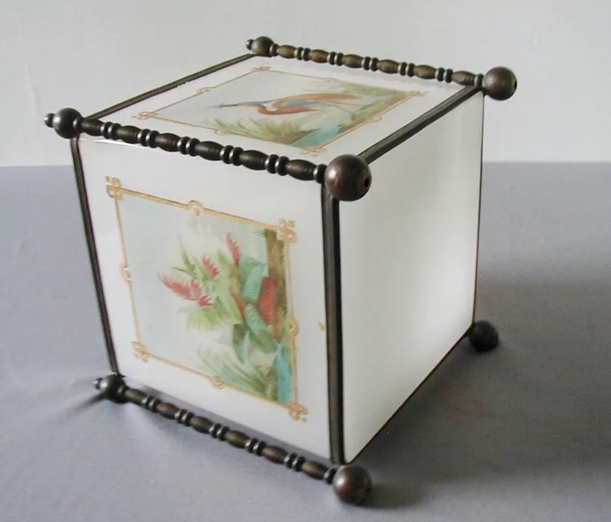 Antique Bronze Opaline Glass Cache Pot Tissue Box Jardiniere Chinoiserie Vase