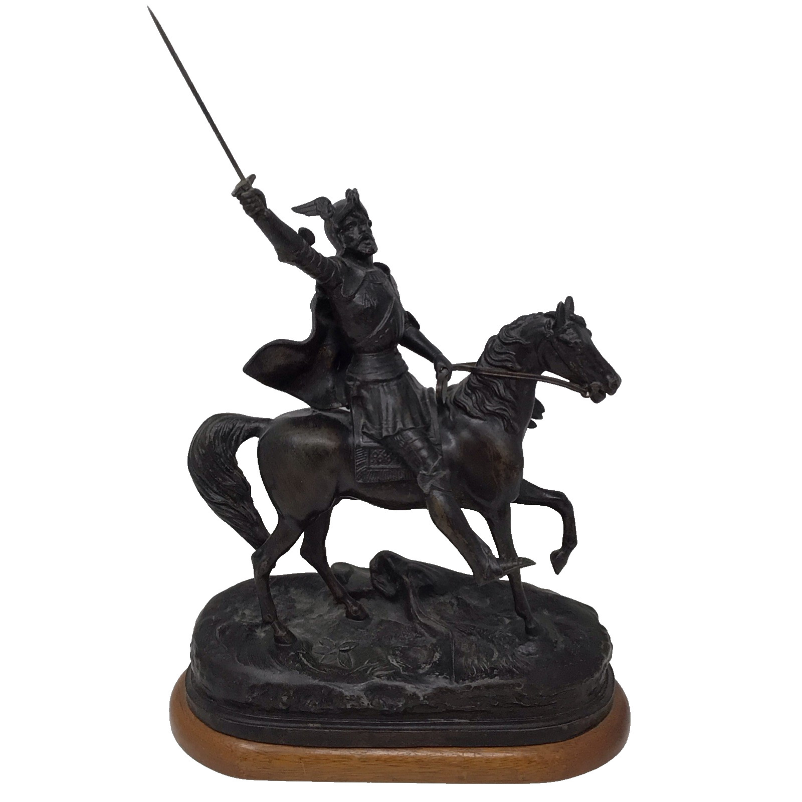 Antique Spelter Knight On Horse With Sword Figurine Wood Base 16″ Tall x11″ Wide
