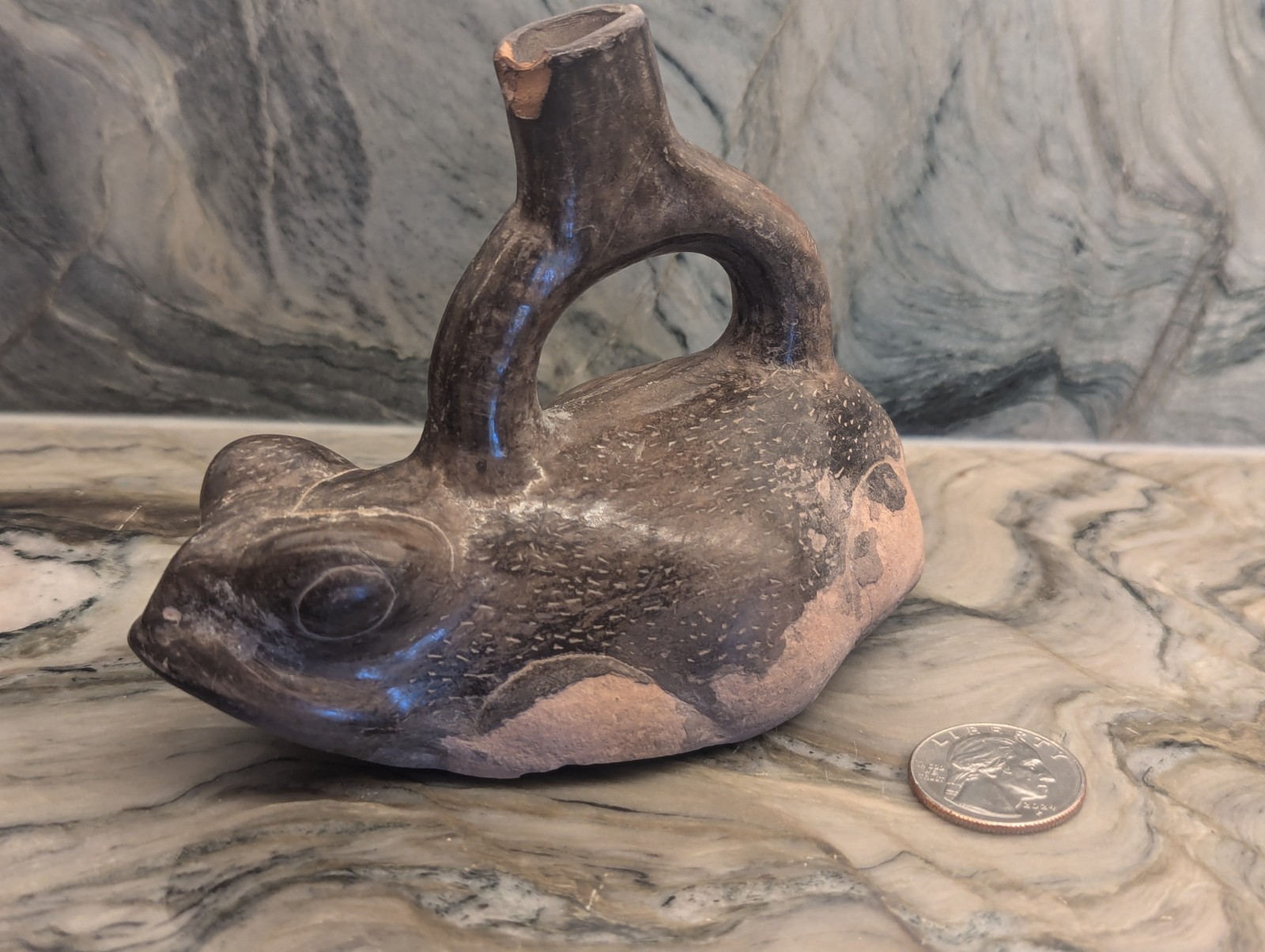 Antique Rare Mayan Frog Water Vessel, 1900’s, 5″x 3″ x 4″ Tall,
