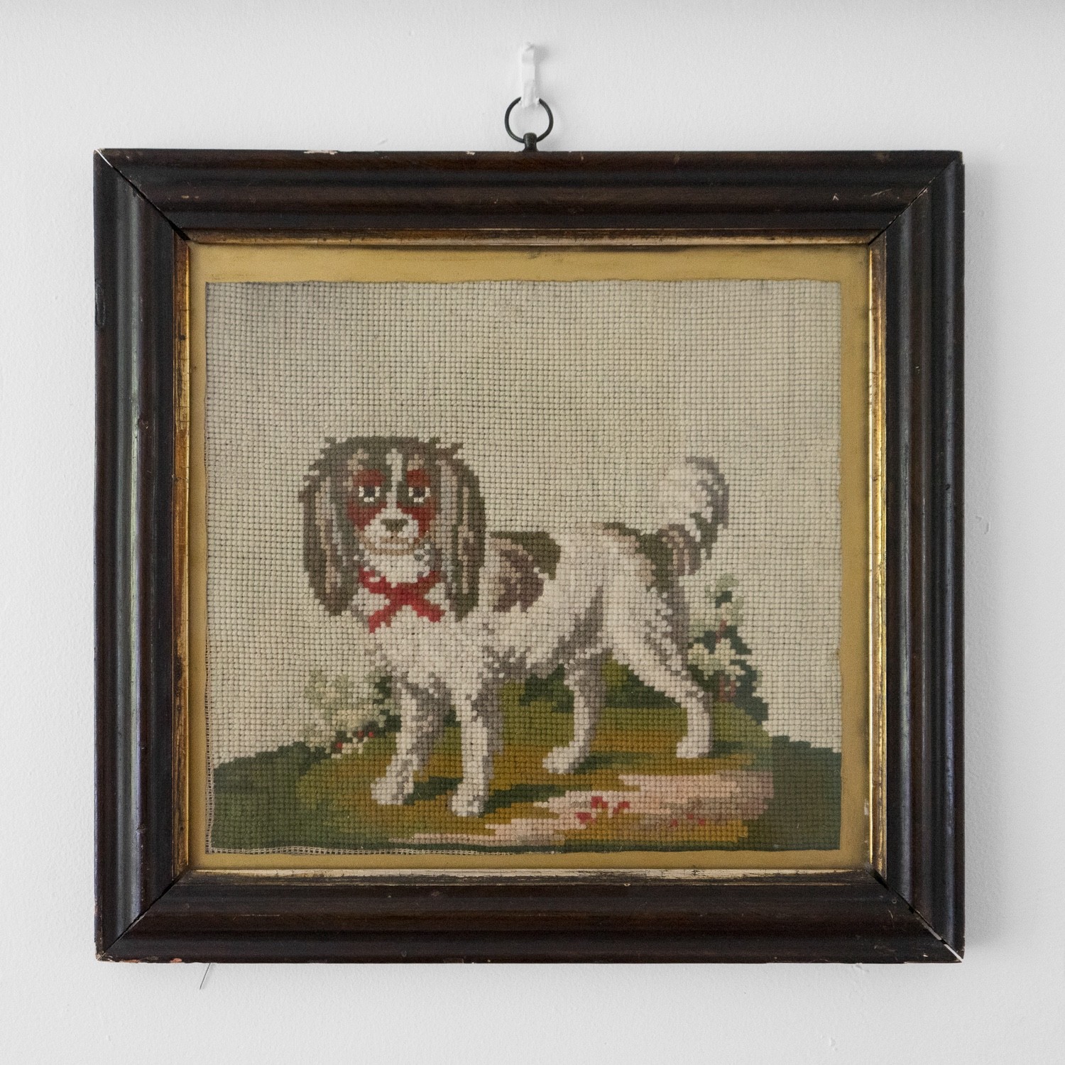 Antique Victorian Folk Art Needlepoint Embroidery Of A Spaniel, 19th Century