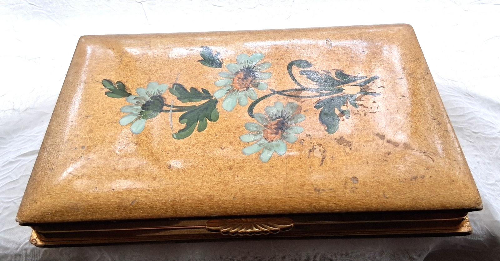 Vtg Italian Tole Lacquered Wood Folding Double Mirror Hand Painted Daisies, 4×6